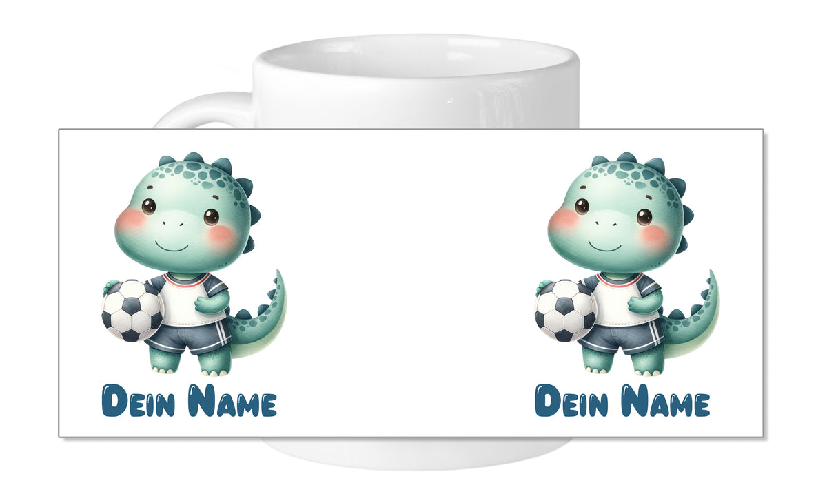 Tasse mit grünem Dinosaurier und Fußball, personalisierbar.
