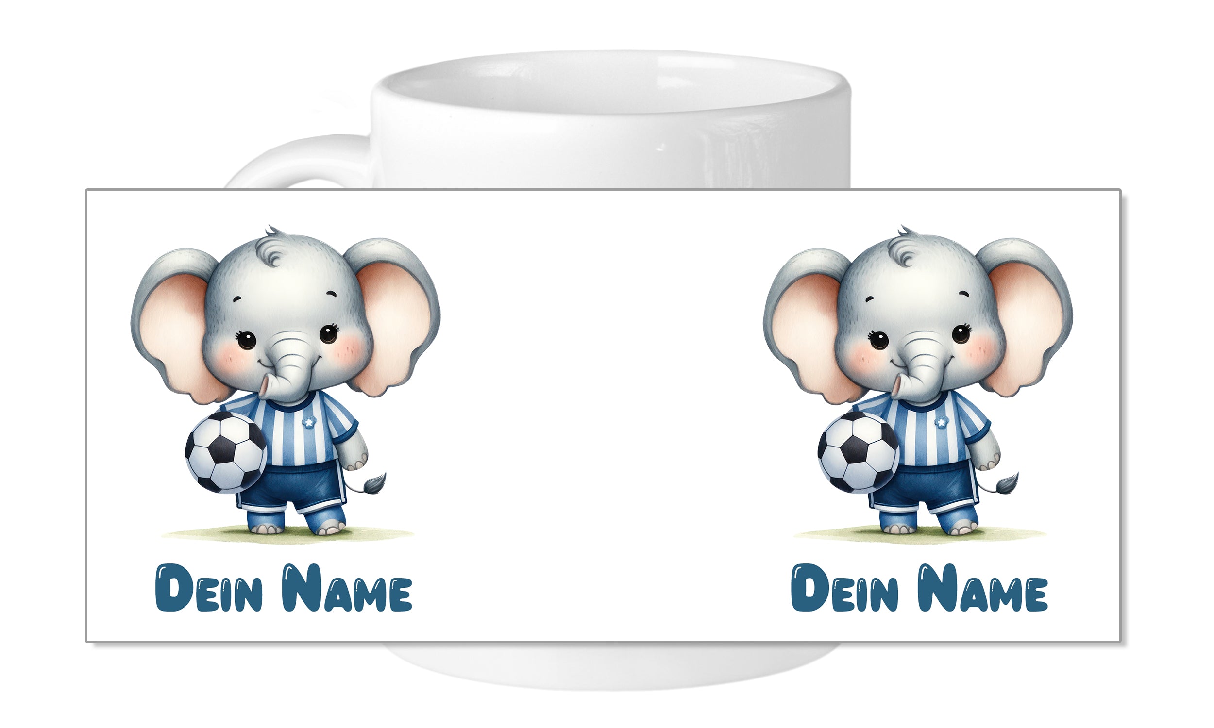 Tasse mit niedlichem Elefanten und Fußballmotiv.