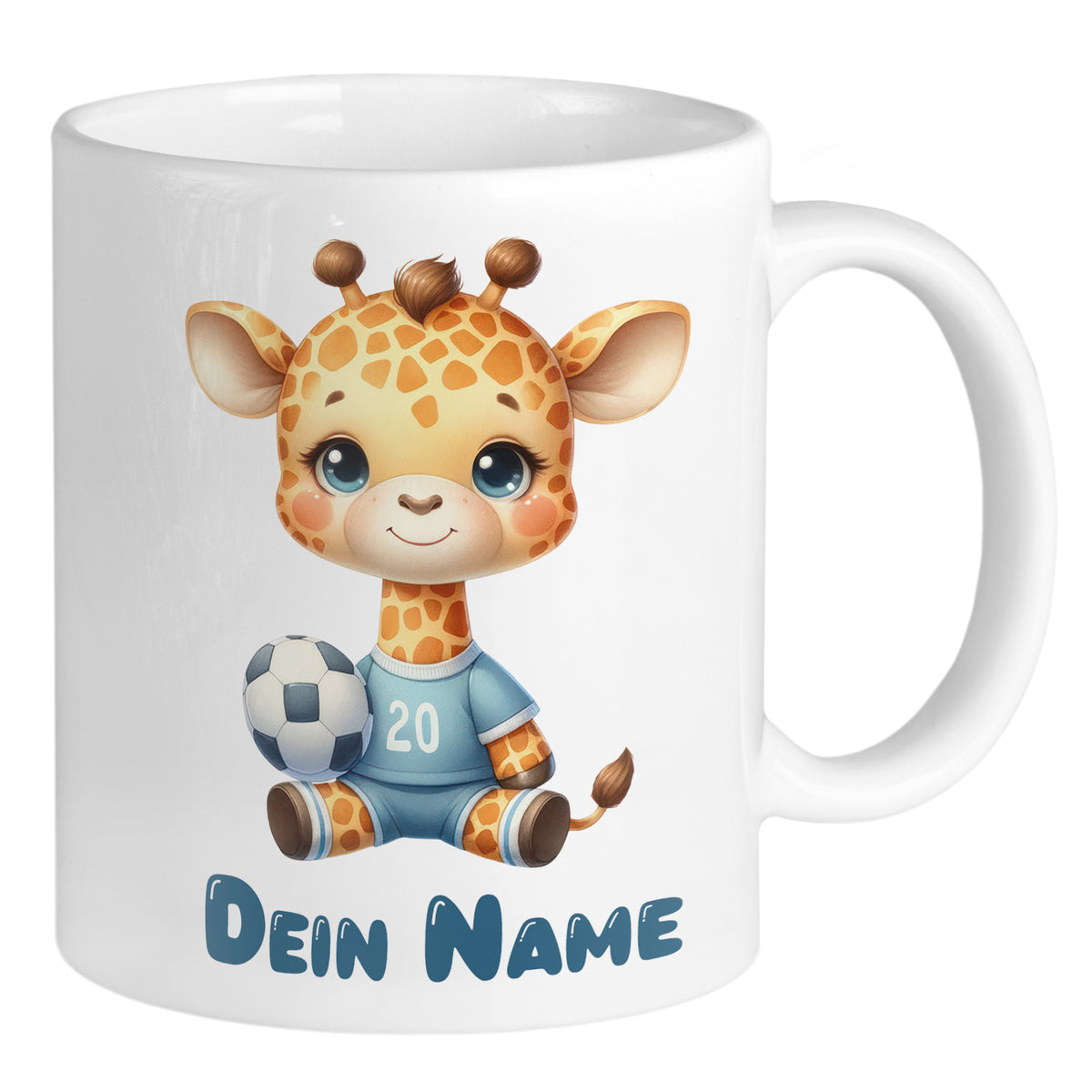Kaffeetasse mit niedlicher Giraffe und Fußballmotiv.