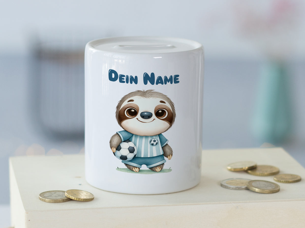Spardose mit niedlichem Faultier - Für kleine Fußballfans