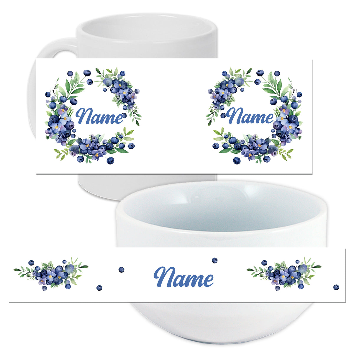 Personalisierte Tasse und Schüssel mit blauen Beerenmotiven.