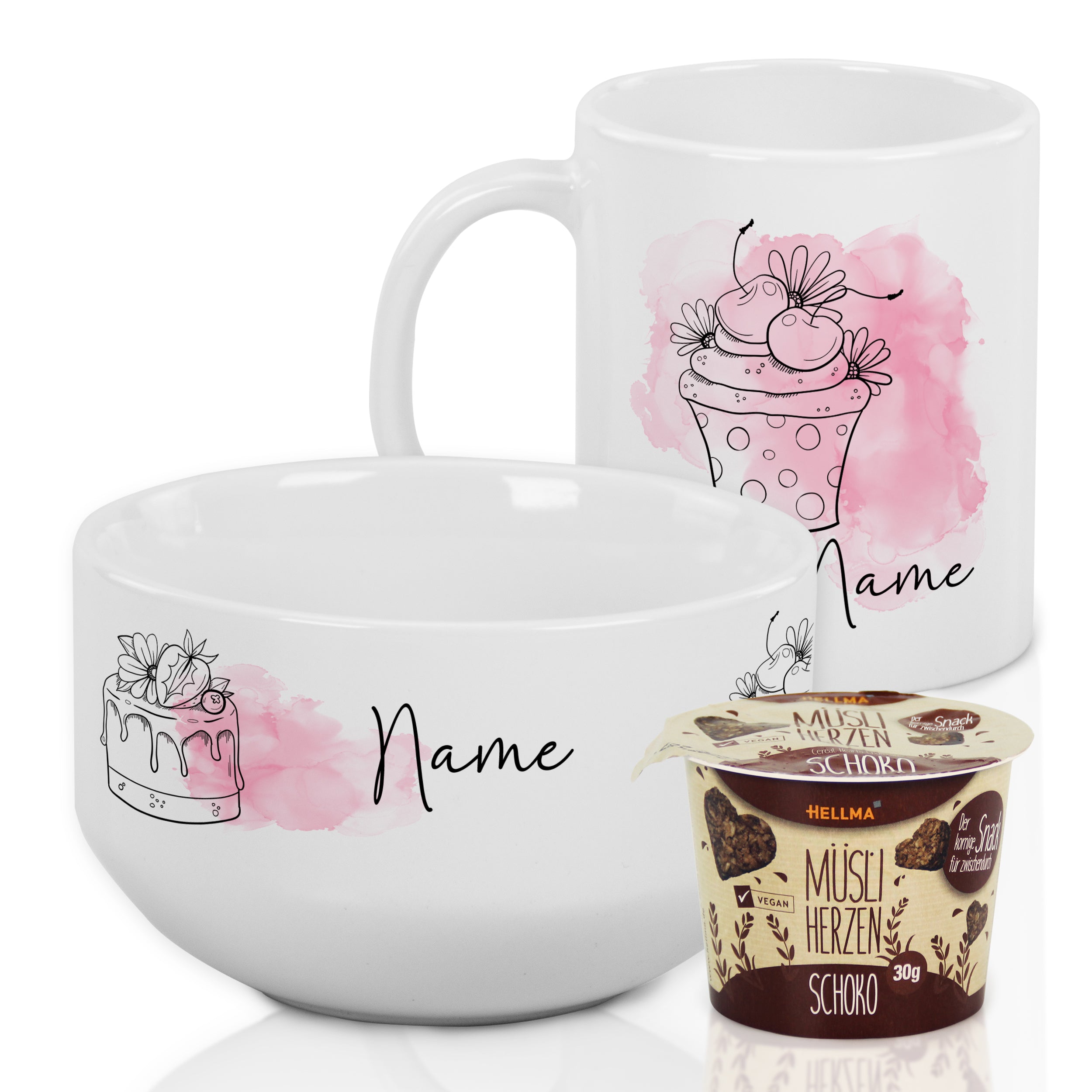 Weißes Geschirrset mit personalisierten Motiven und Schokoladen-Müslibecher.
