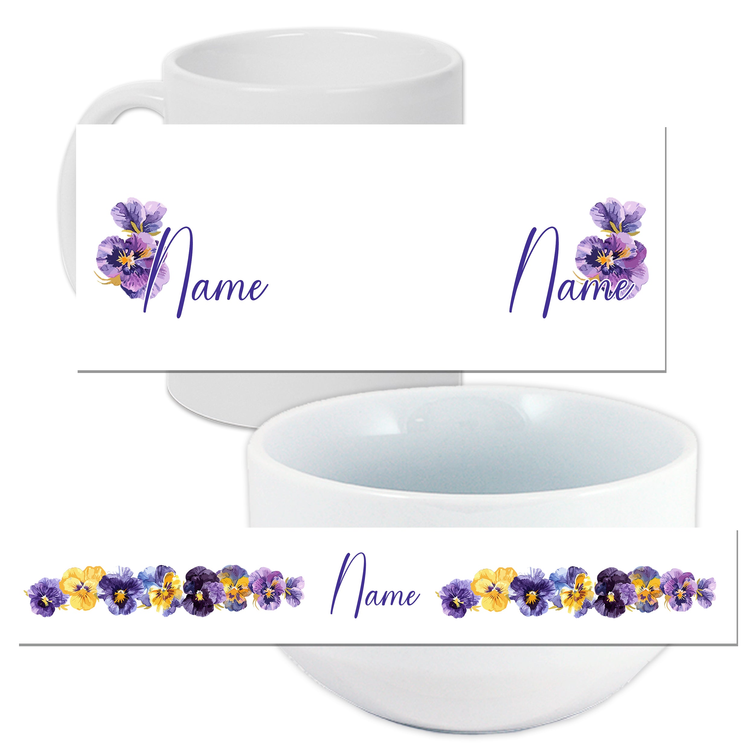 Weiße Tasse und Schüssel mit lila Blüten und Namen.