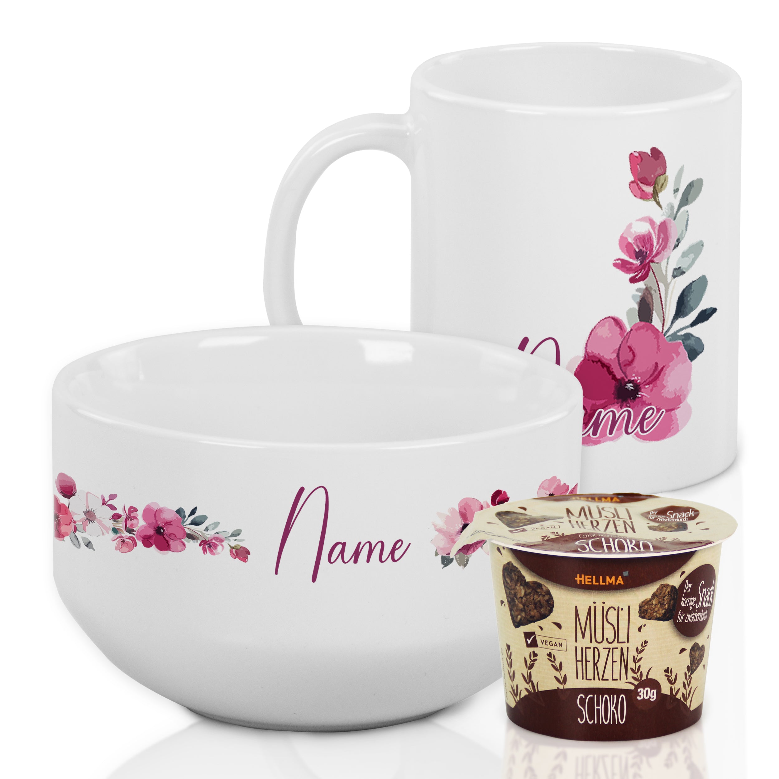 Personalisierte Tasse und Schüssel mit floralen Motiven, weiß.