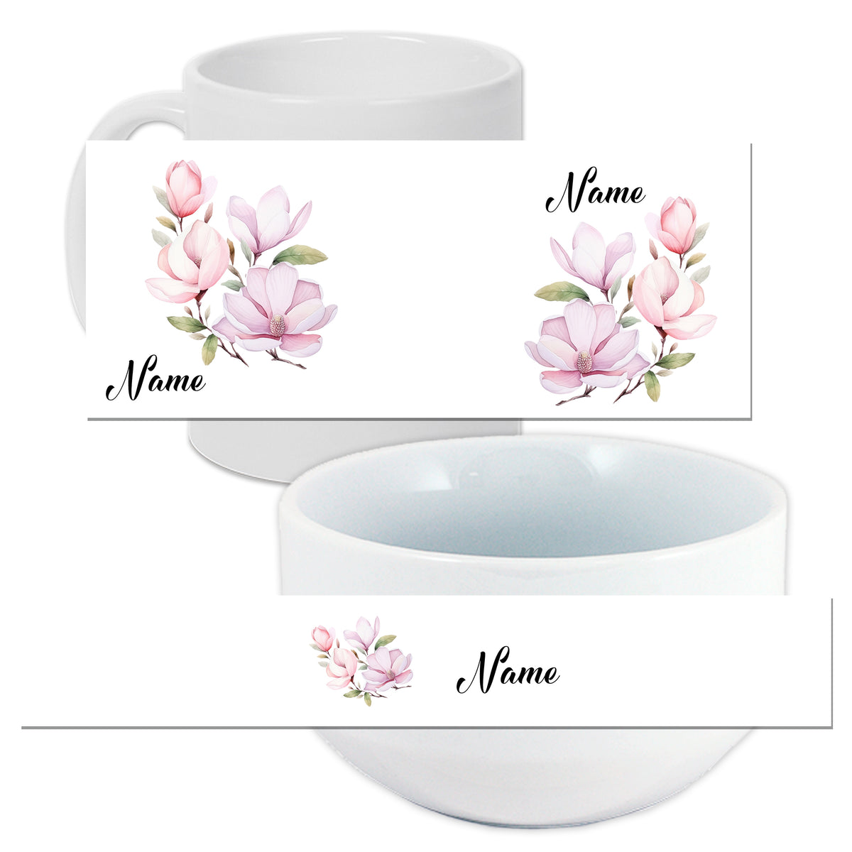 Weißer Becher und Schüssel mit rosa Magnolienmotiven.