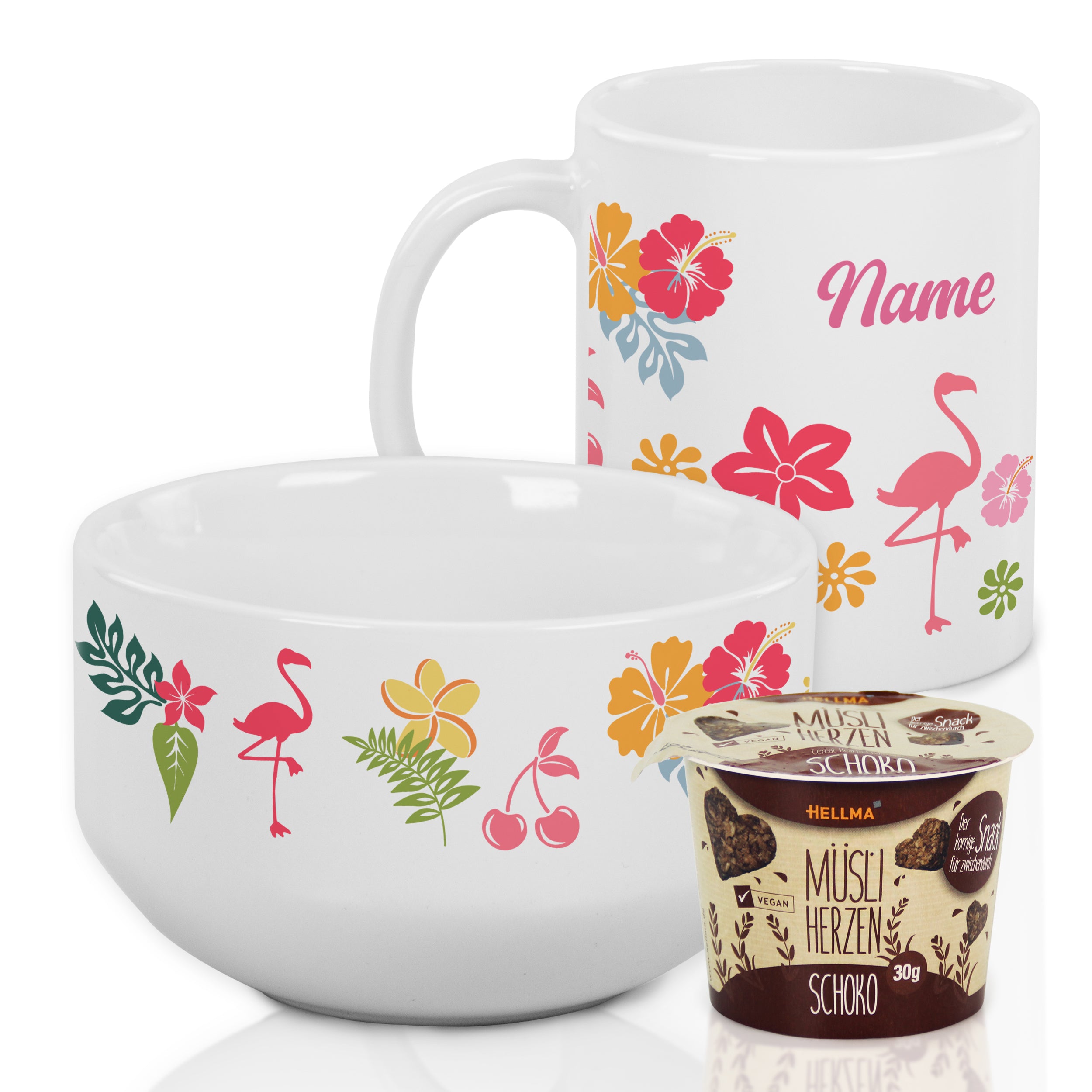 Tasse und Schüssel mit bunten Blumen- und Flamingo-Motiven.