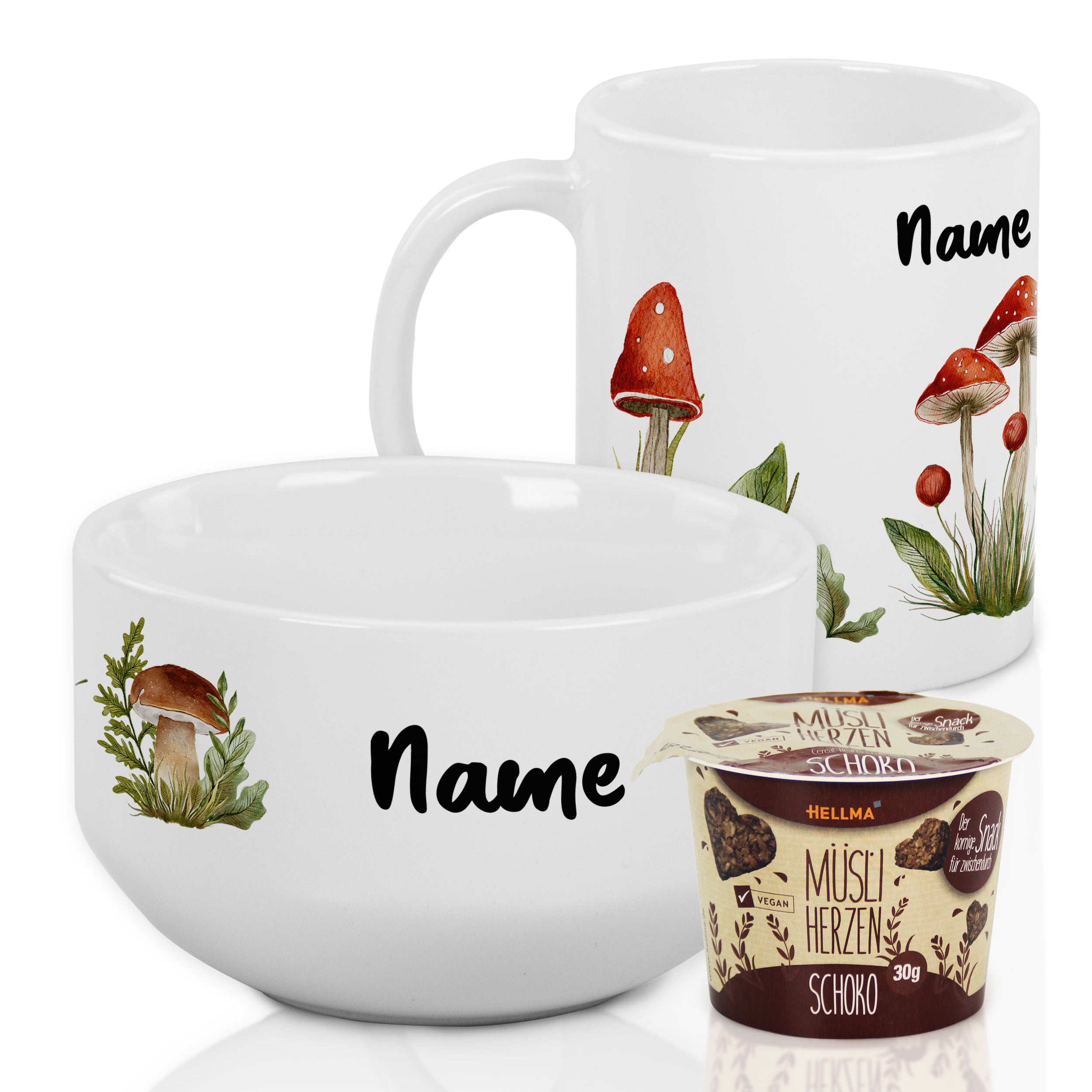 Weiße Schüssel und Tasse mit Pilz-Motiv, personalisierbar.