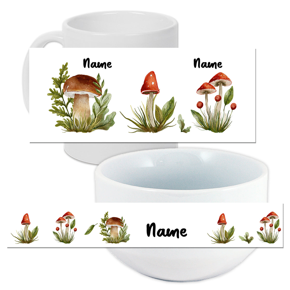 Weißer Becher und Schüssel mit Pilz-Motiv und Namen.