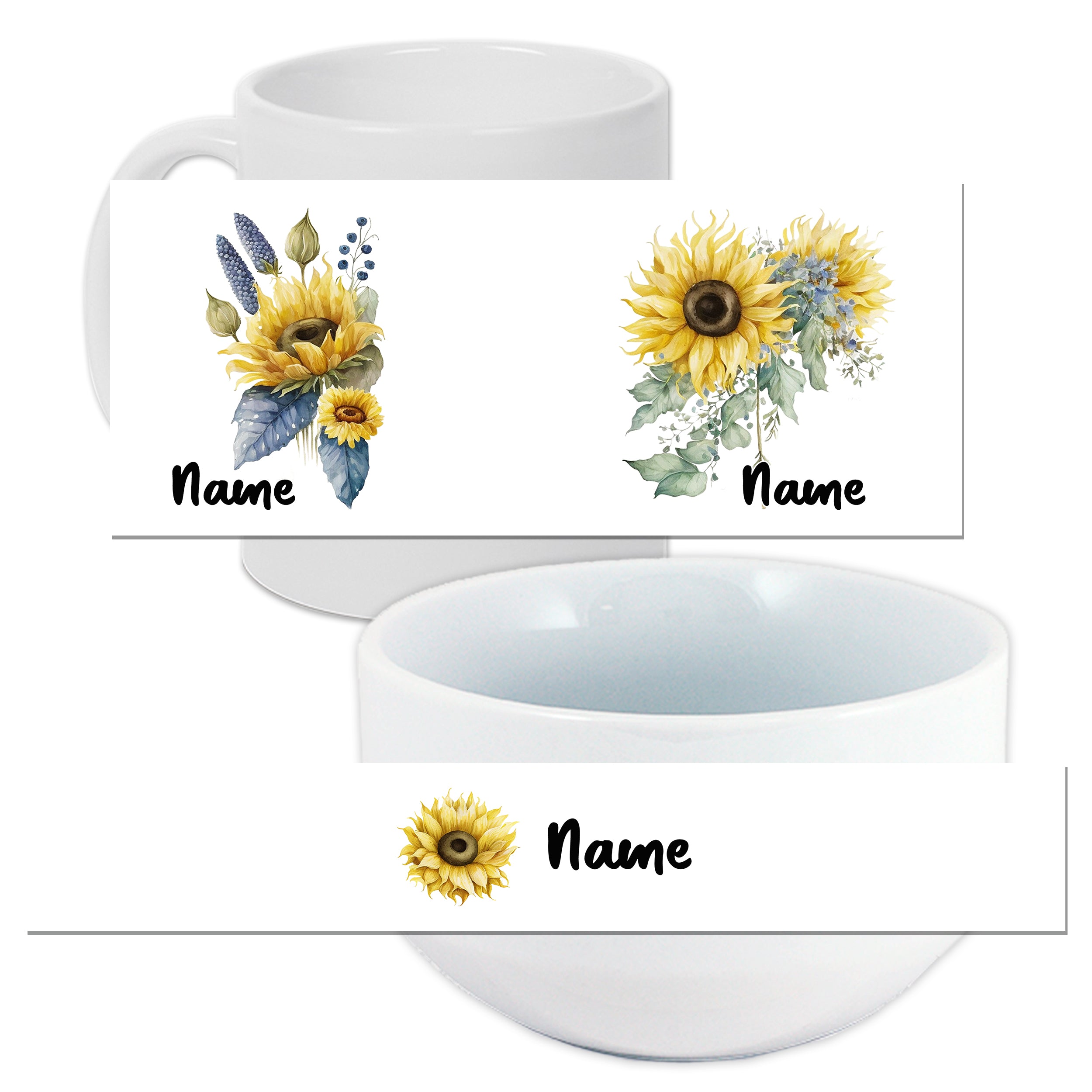 Weißer Becher und Schüssel mit Sonnenblumen-Motiv.