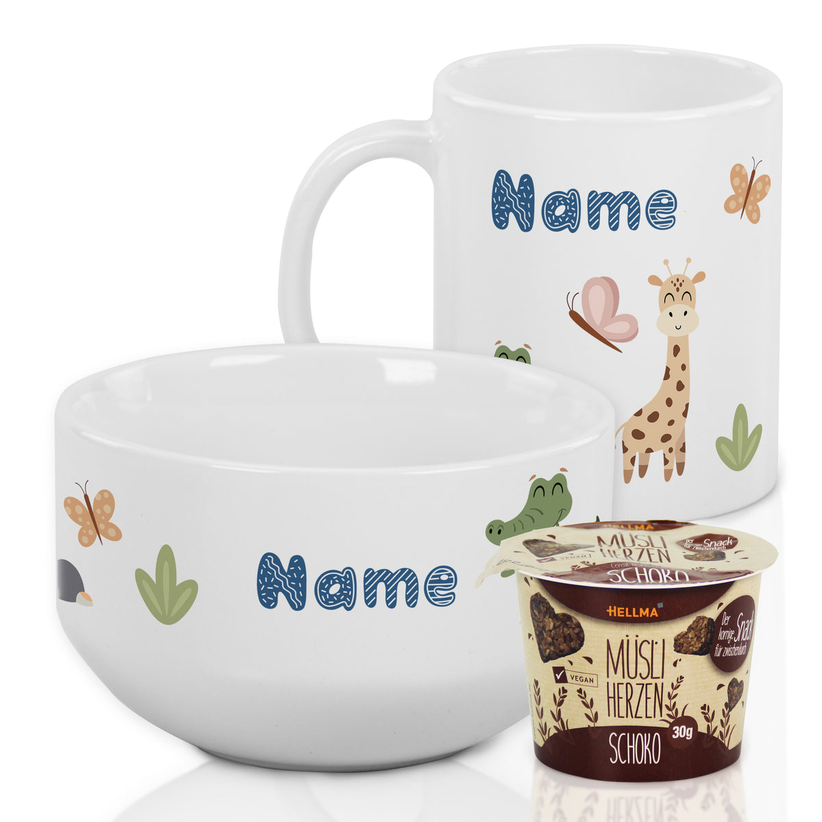 Personalisierte Schüssel und Tasse mit bunten Tiermotiven.