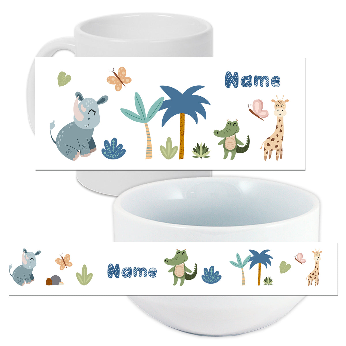 Personalisierte Tasse und Schüssel mit Tiermotiven in Pastellfarben.