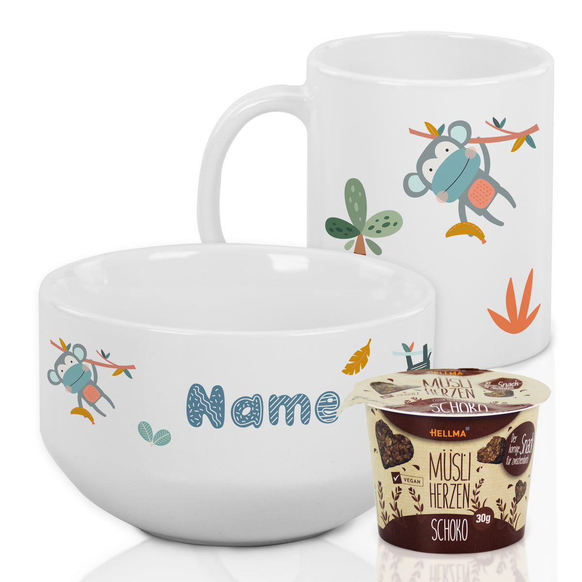 Personalisierte Schüssel und Tasse mit Tiermotiven, weiß.