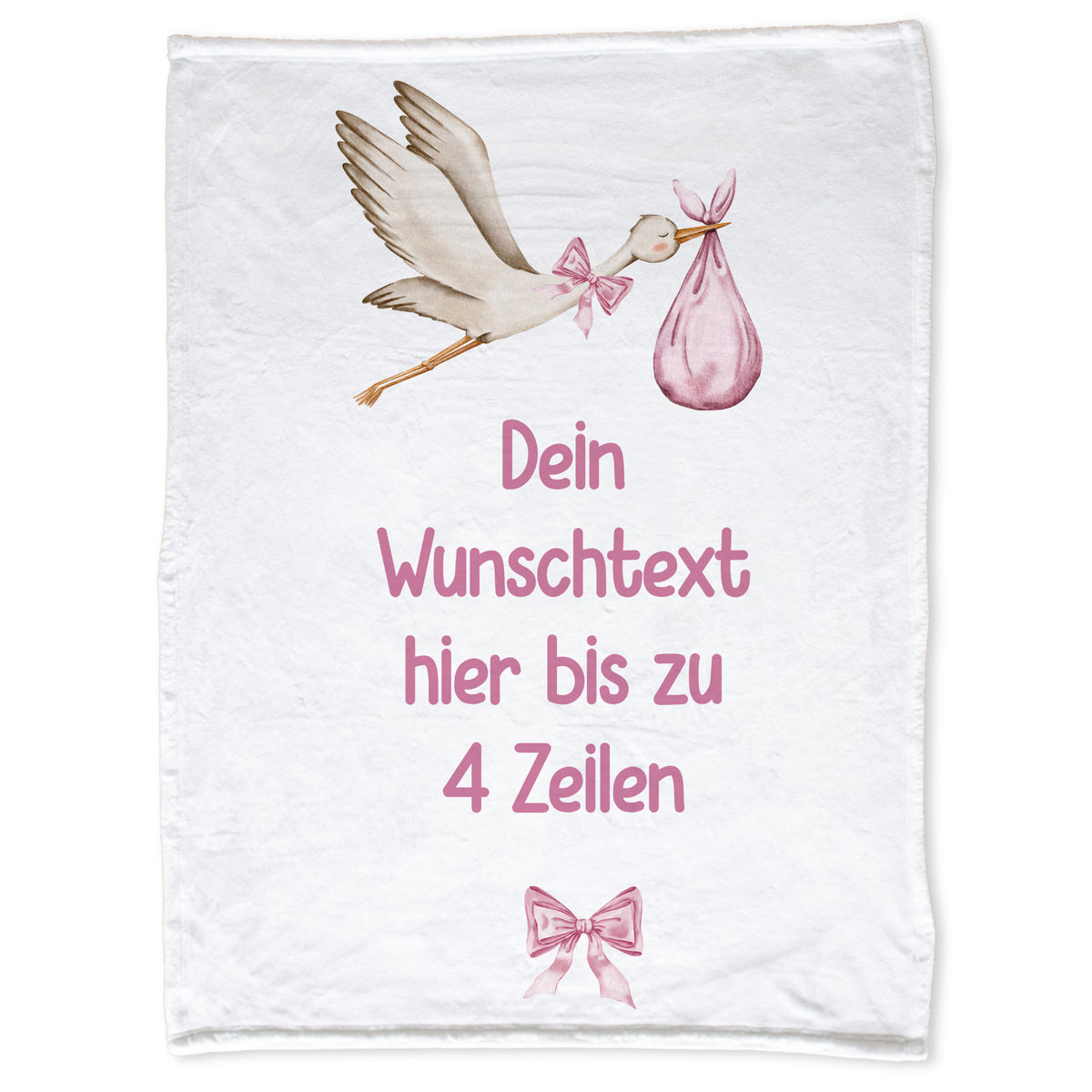 Personalisierbare Babydecke in Weiß mit rosa Schrift und Storch.