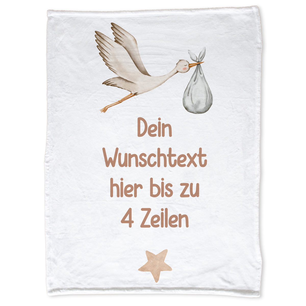 Weißes Tuch mit Storch und personalisierbarem Text.