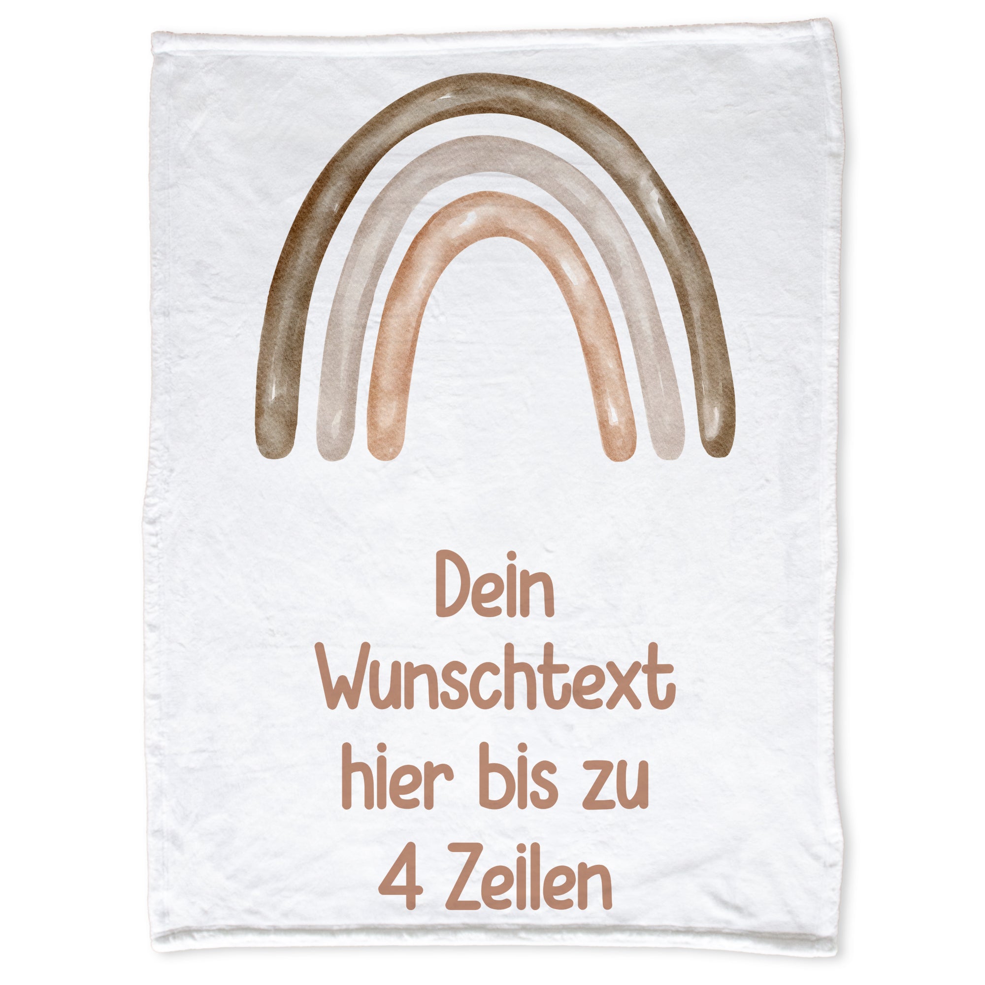 Weißes Tuch mit buntem Regenbogen und personalisierbarem Text.