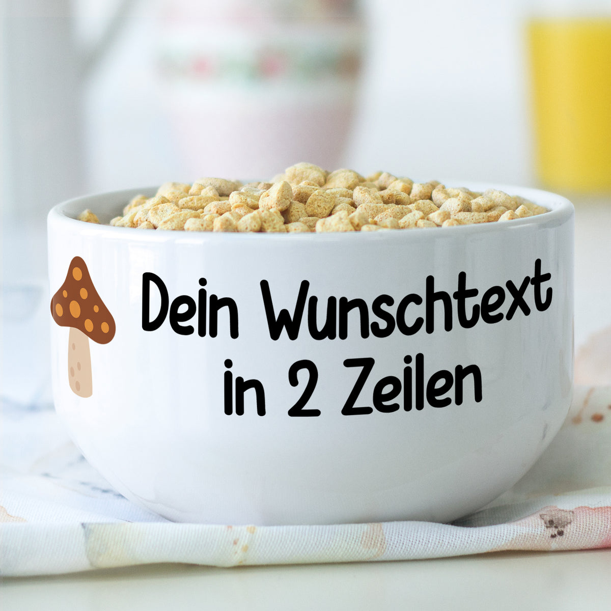 Müslischale mit Pilz-Motiv und Wunschtext