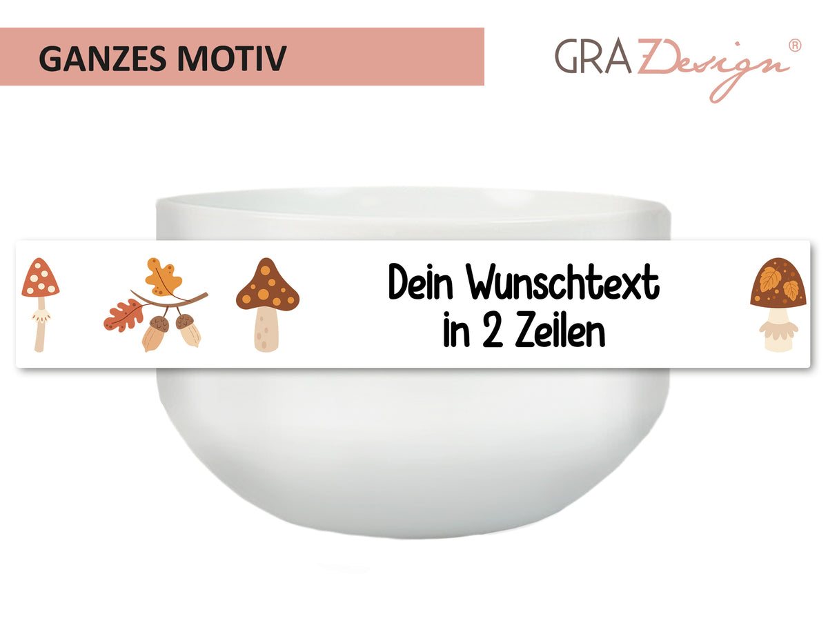 Weiße Müslischale mit Wunschtext in zwei Zeilen und Pilz-Motiv