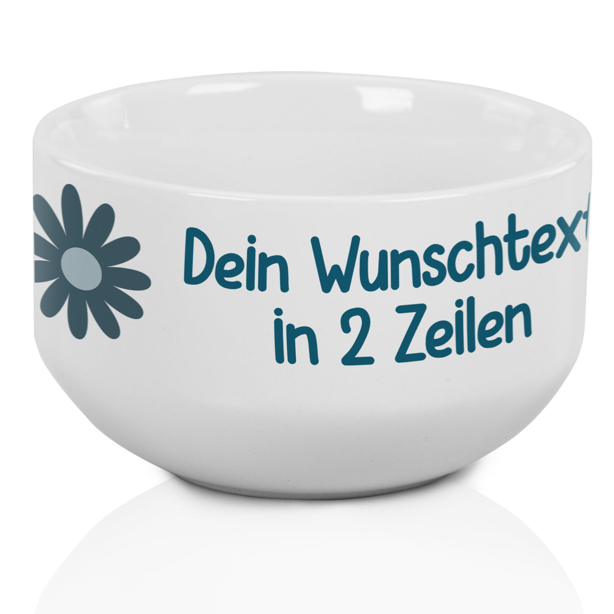 Müslischale mit Wunschtext und Blumenmotiv in Wohnszene