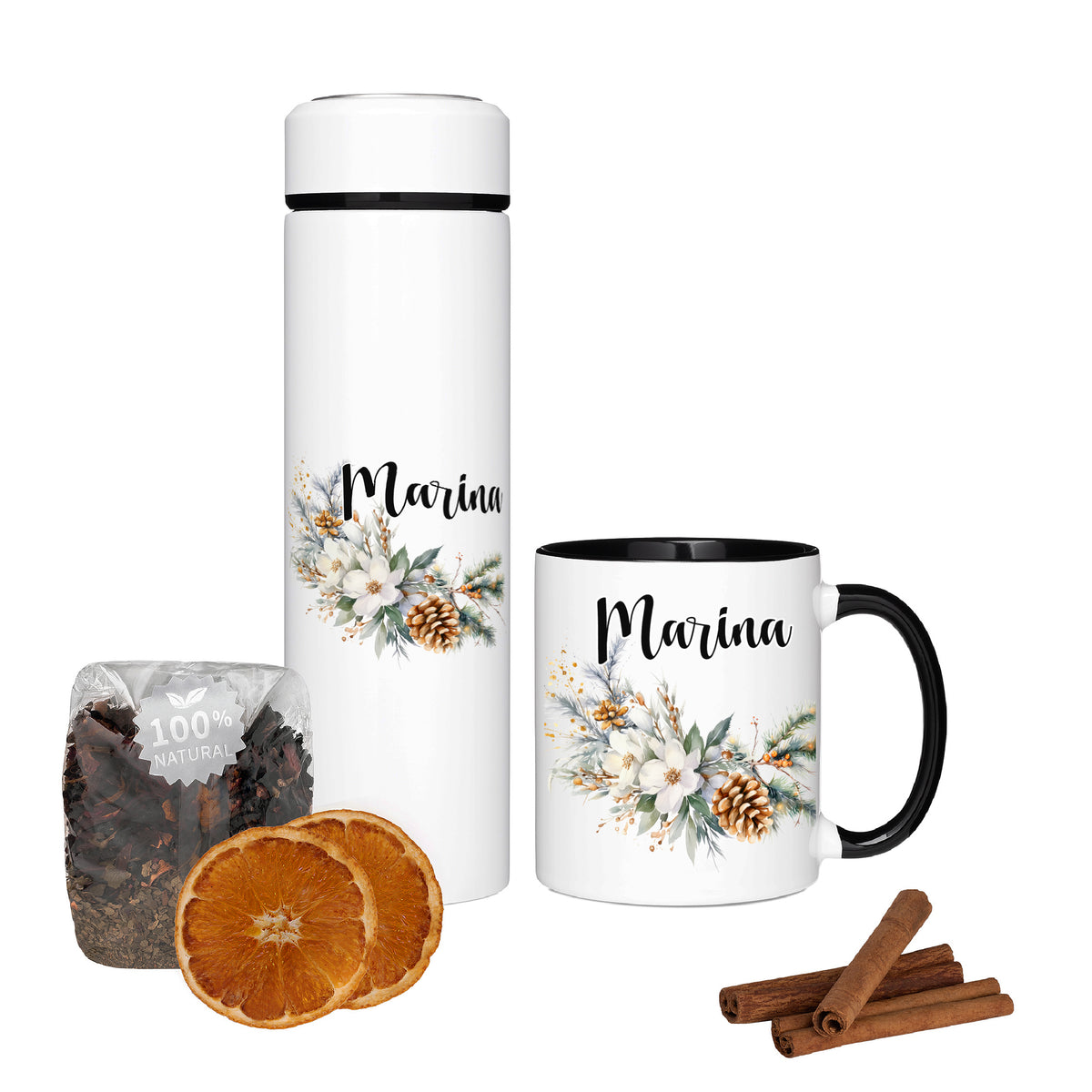 Personalisierte weiße Tasse und Thermosflasche mit floralen Motiven.