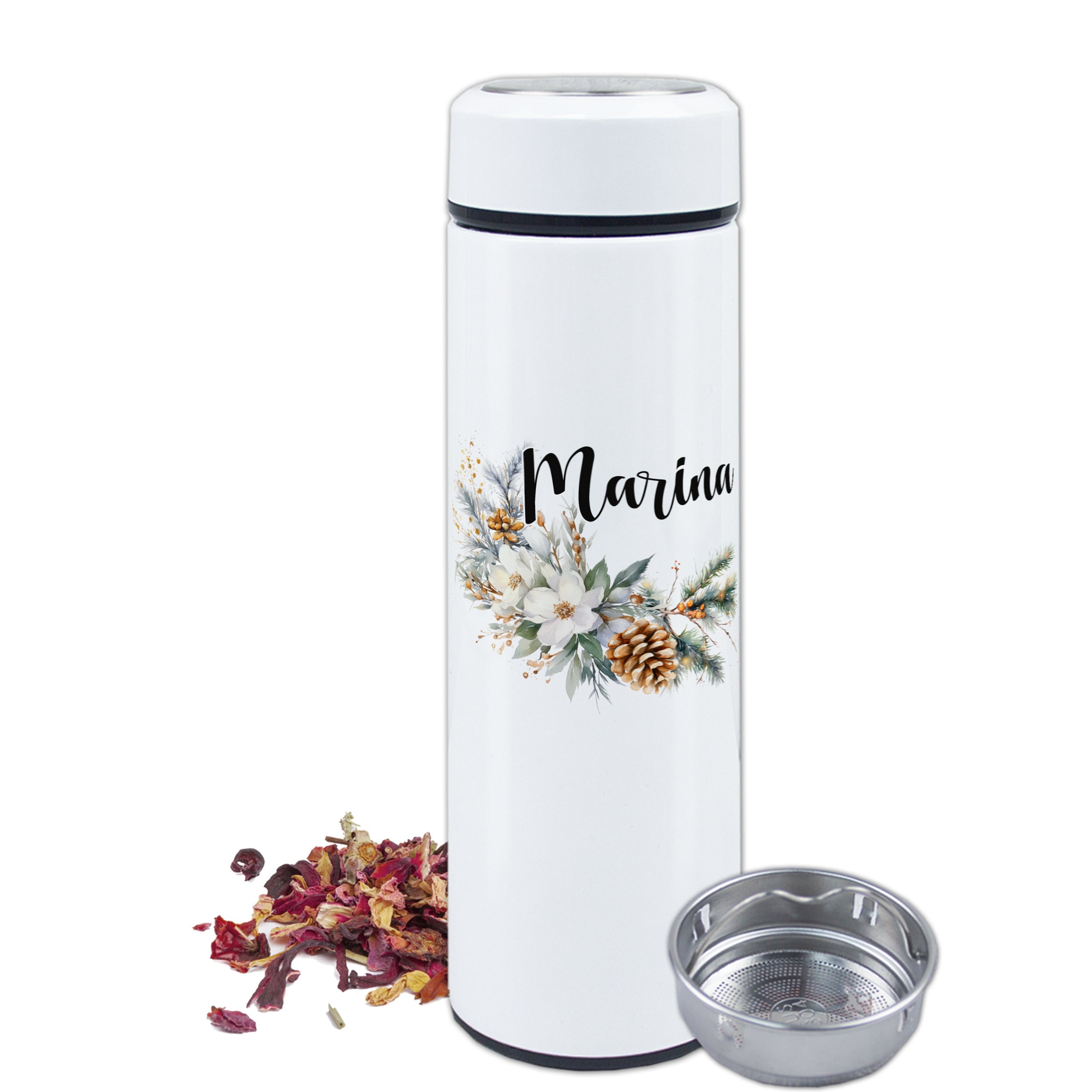 Weiße Thermosflasche mit floralem Design und Teesieb.