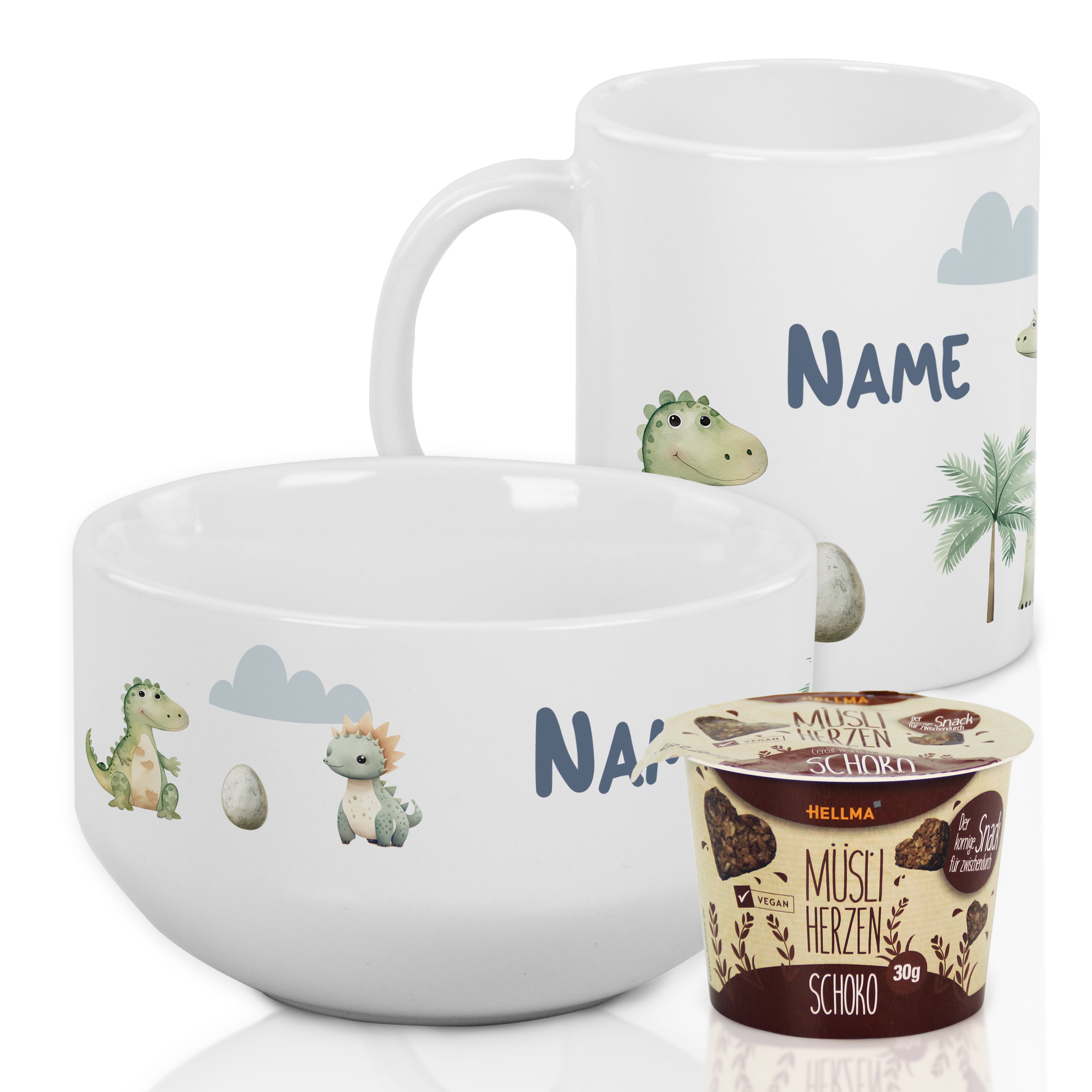 Kindertasse und Müslischale mit Dinosaurier-Motiven, weiß.