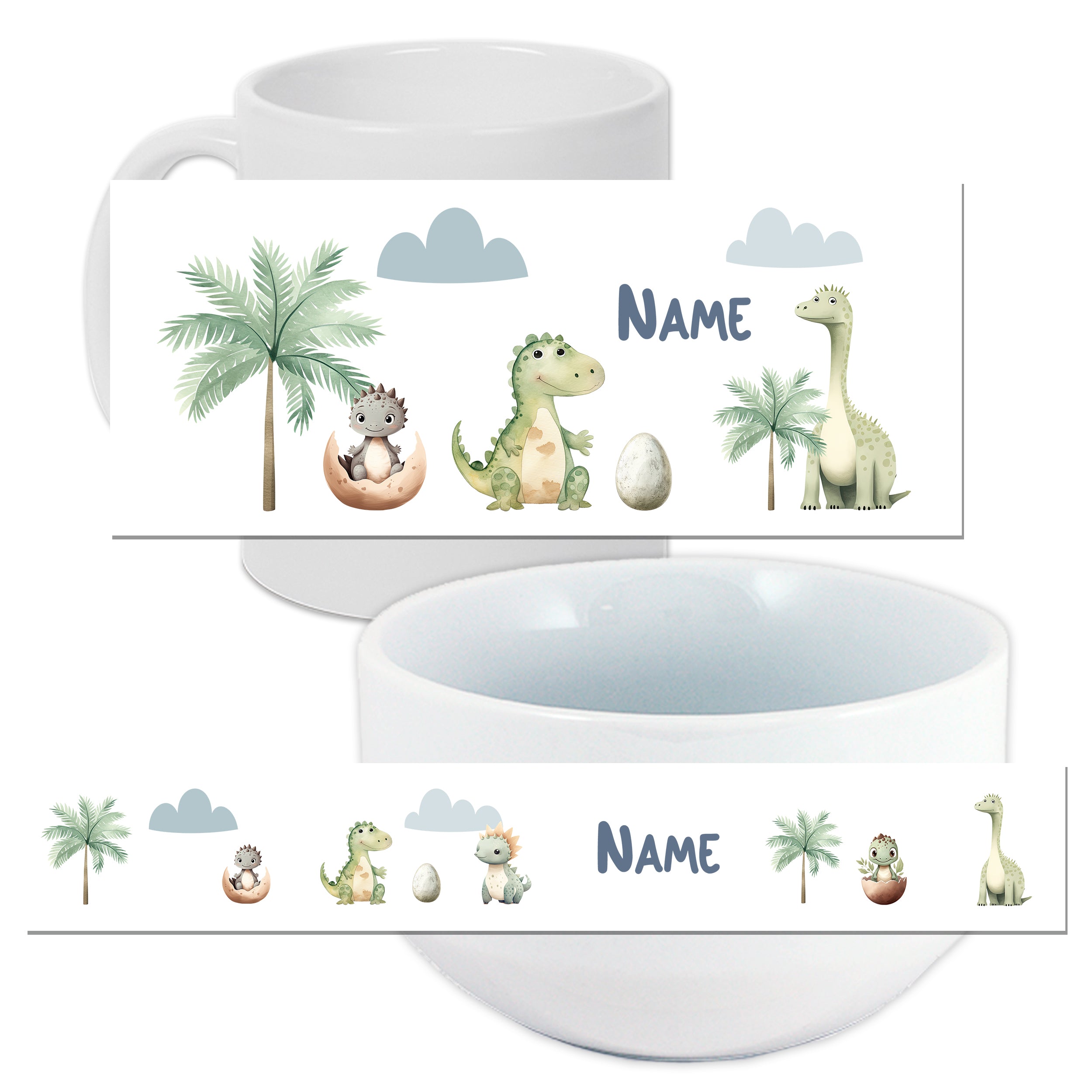 Tassen und Schalen mit Dinosaurier-Design und Namen.