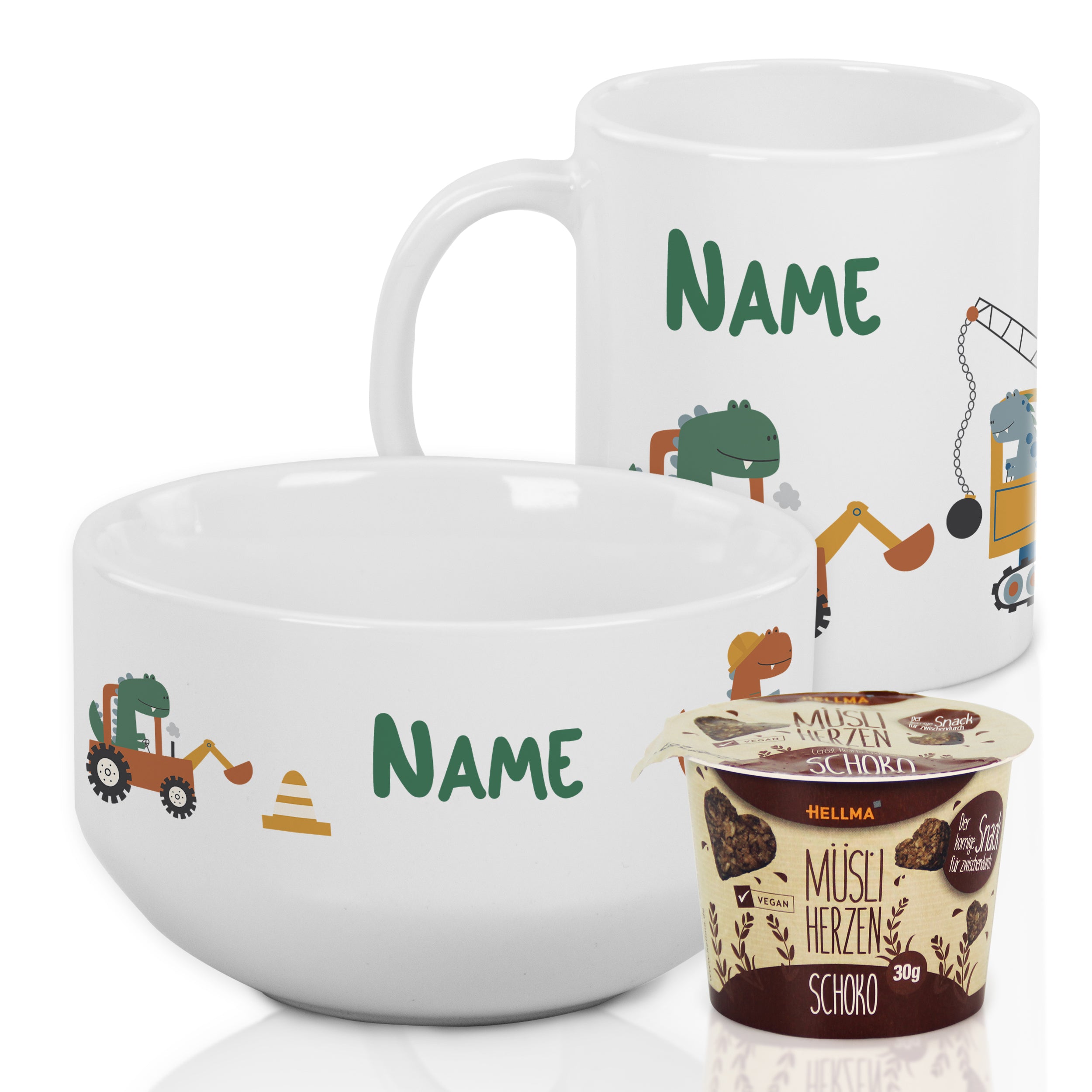 Tasse und Schüssel in Weiß mit bunten Tiermotiven.