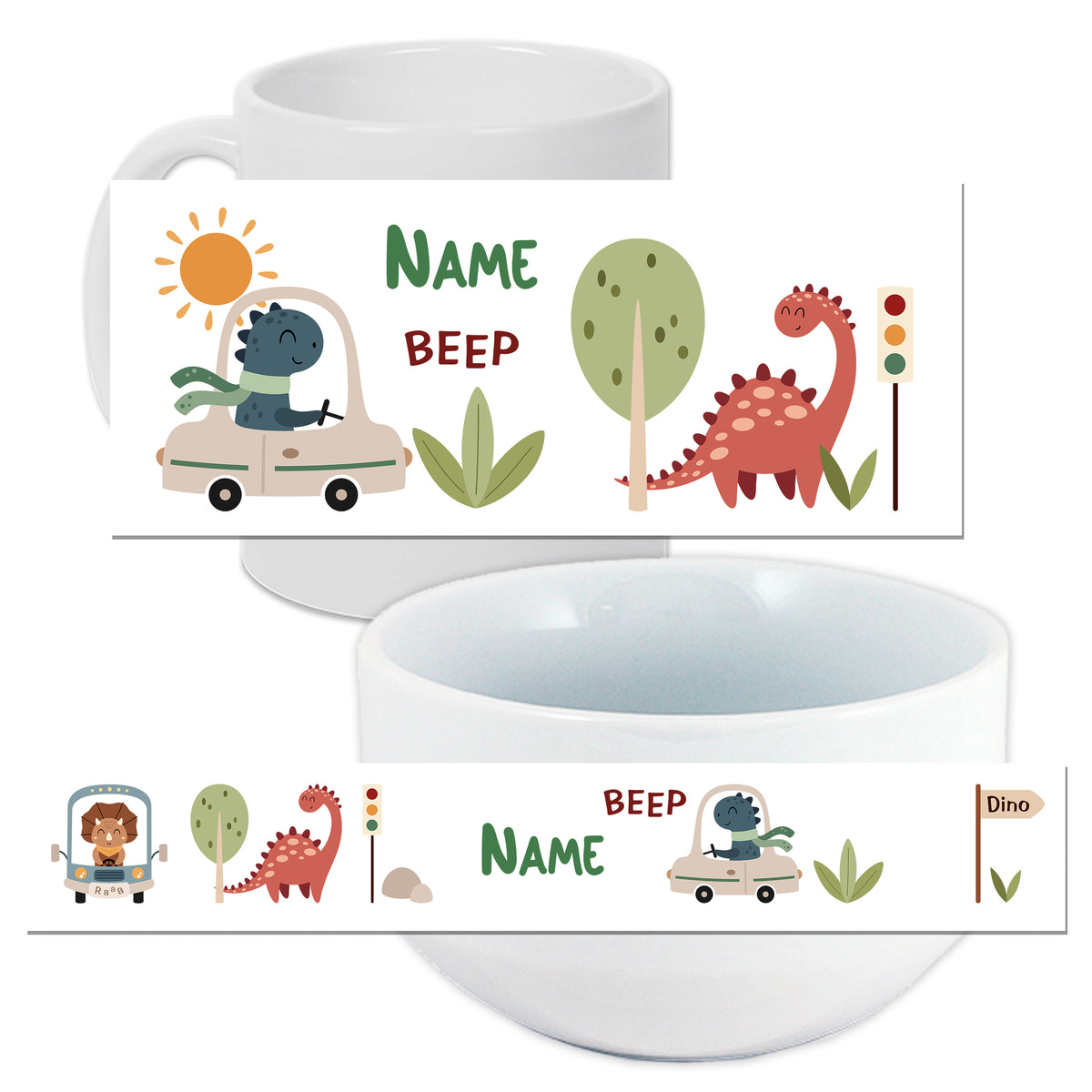 Bunte Kindertasse und -schüssel mit Dinosauriermotiven.