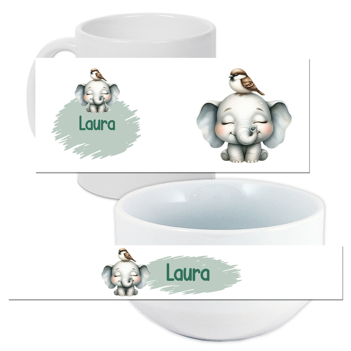 Personalisierte Tasse und Schüssel mit Elefant und Vogel.