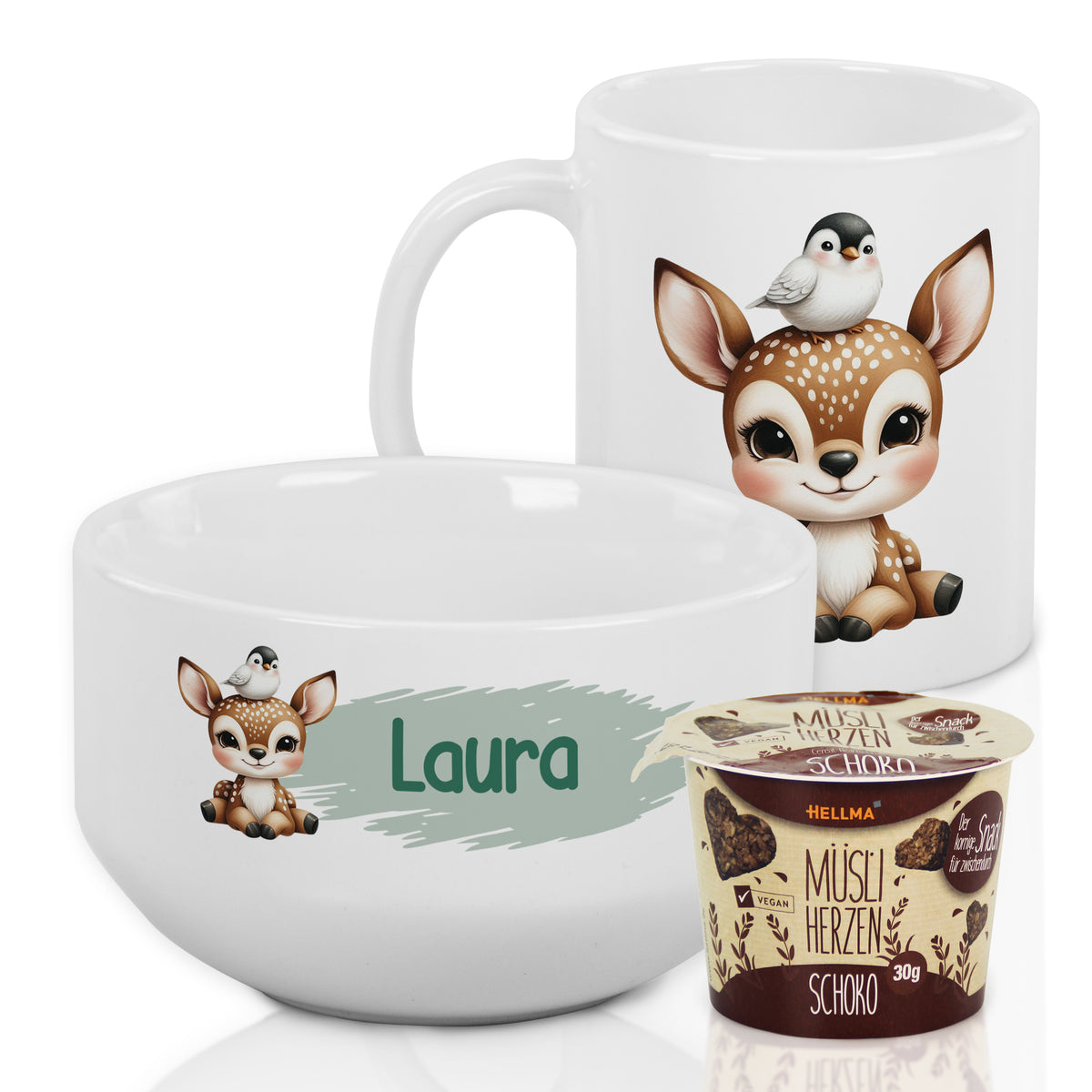 Tasse und Schüssel mit niedlichem Reh-Design, personalisiert.