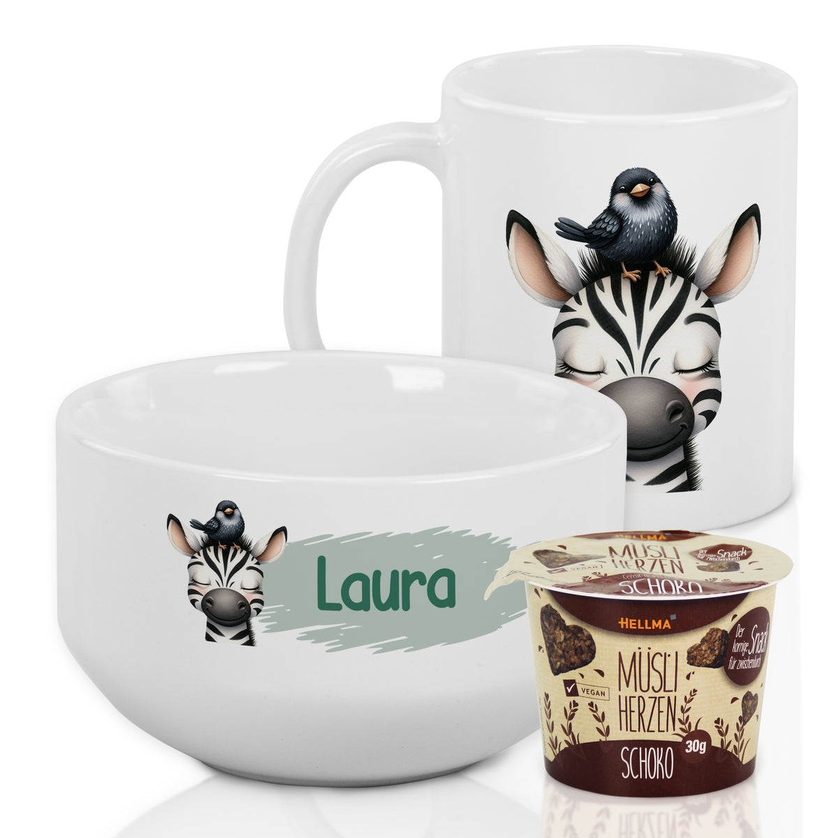 Weiße Schüssel und Tasse mit Zebra-Motiv und Namen Laura.