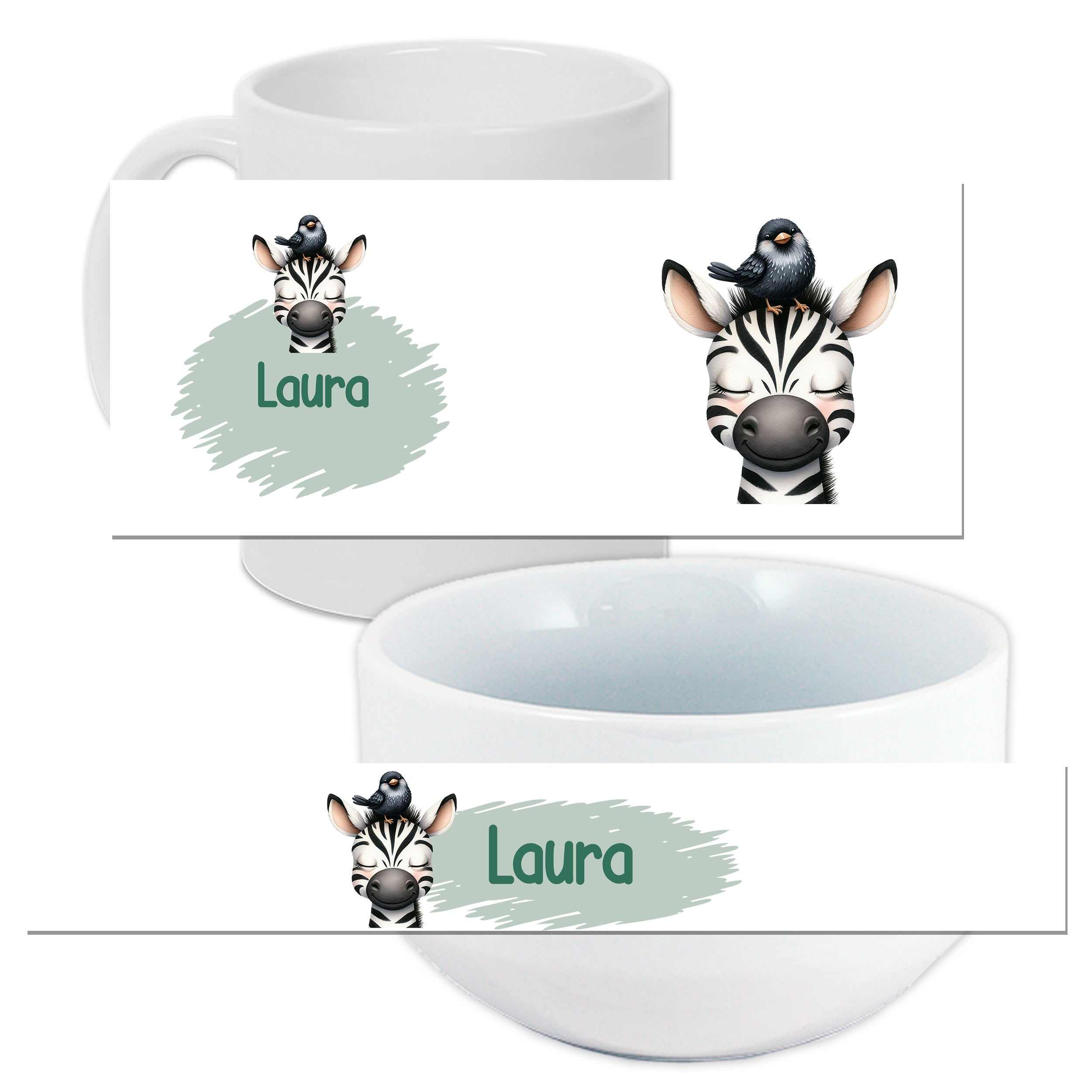 Tasse und Schüssel mit Zebra-Design und personalisiertem Namen.