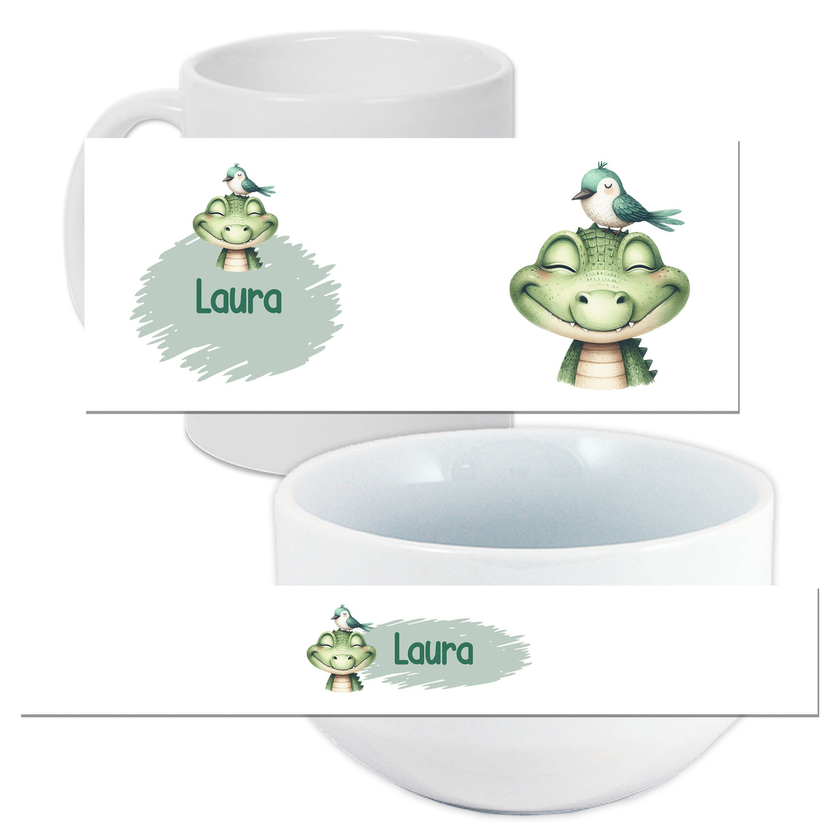 Personalisierte weiße Tasse und Schüssel mit Krokodil-Design.