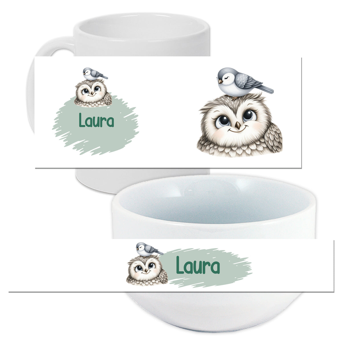 Weiße Tasse und Schüssel mit Eule und Vogel, personalisiert mit "Laura".