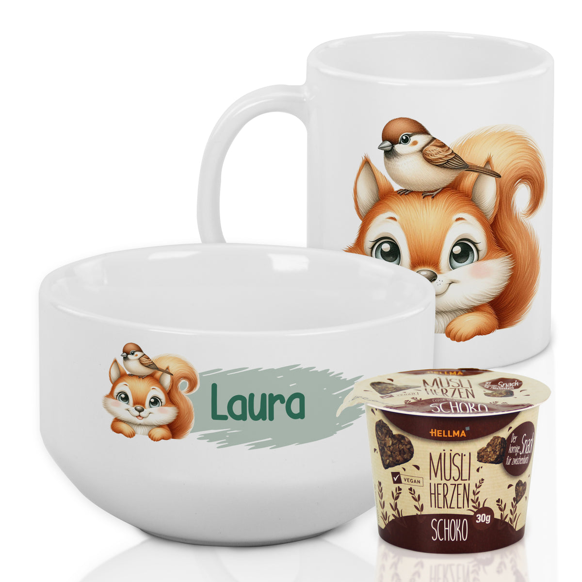 Weißes Geschirrset mit Fuchs- und Vogel-Motiv, personalisiert.