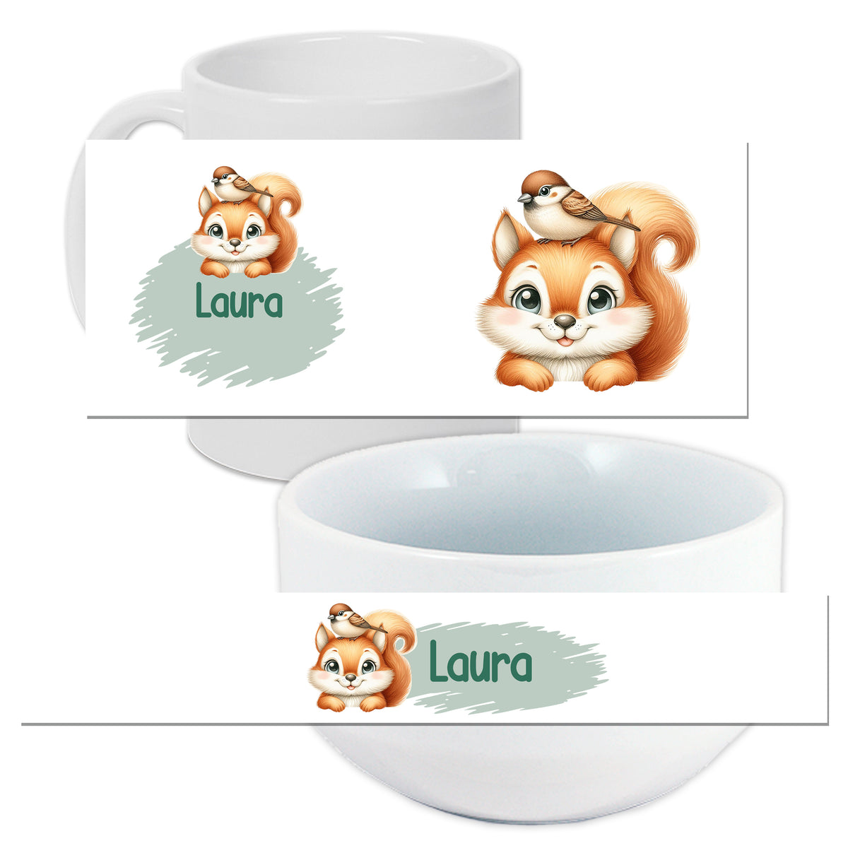 Tasse und Schüssel mit Eichhörnchen-Motiv und Name Laura.