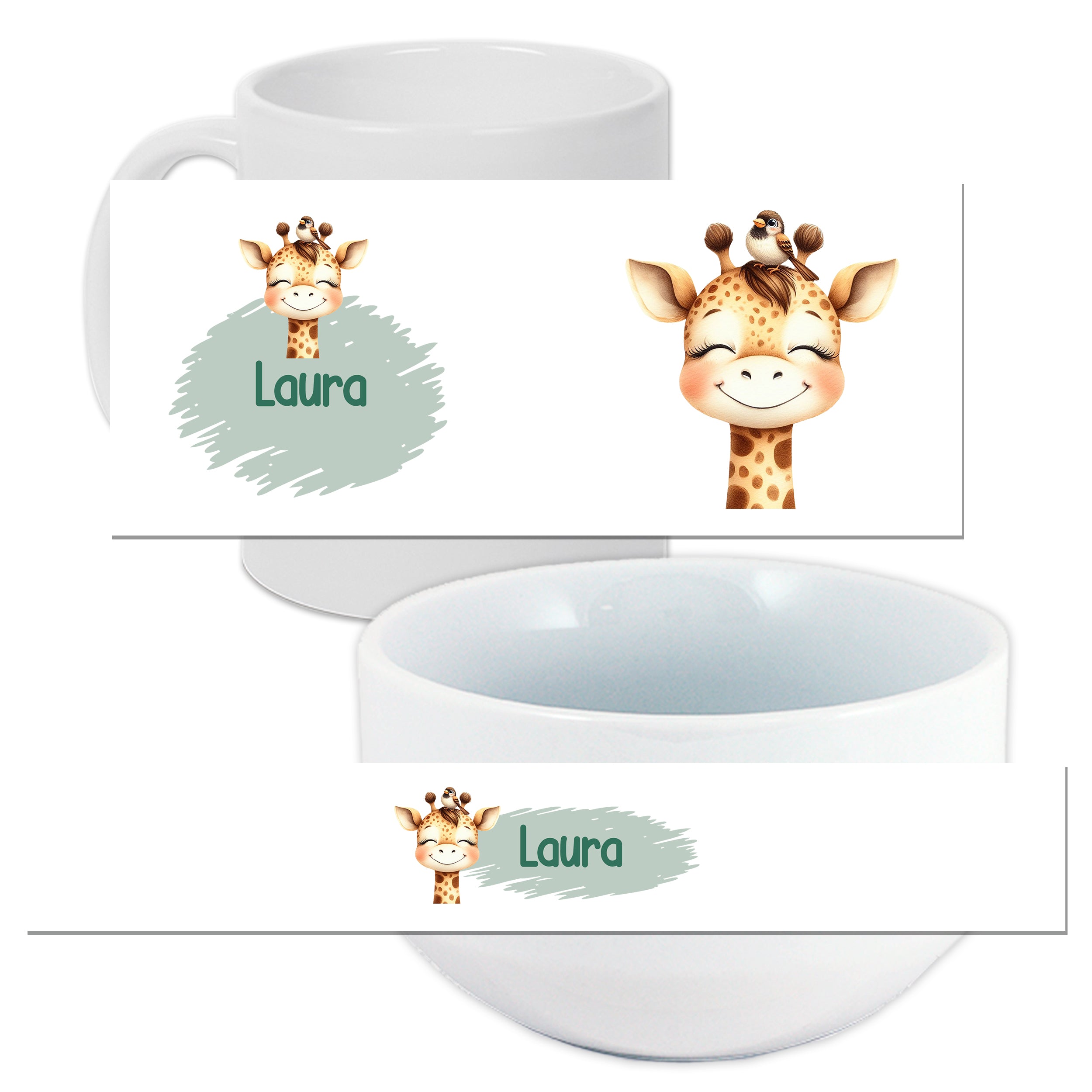 Tasse und Schüssel mit Giraffenmotiv und dem Namen Laura.