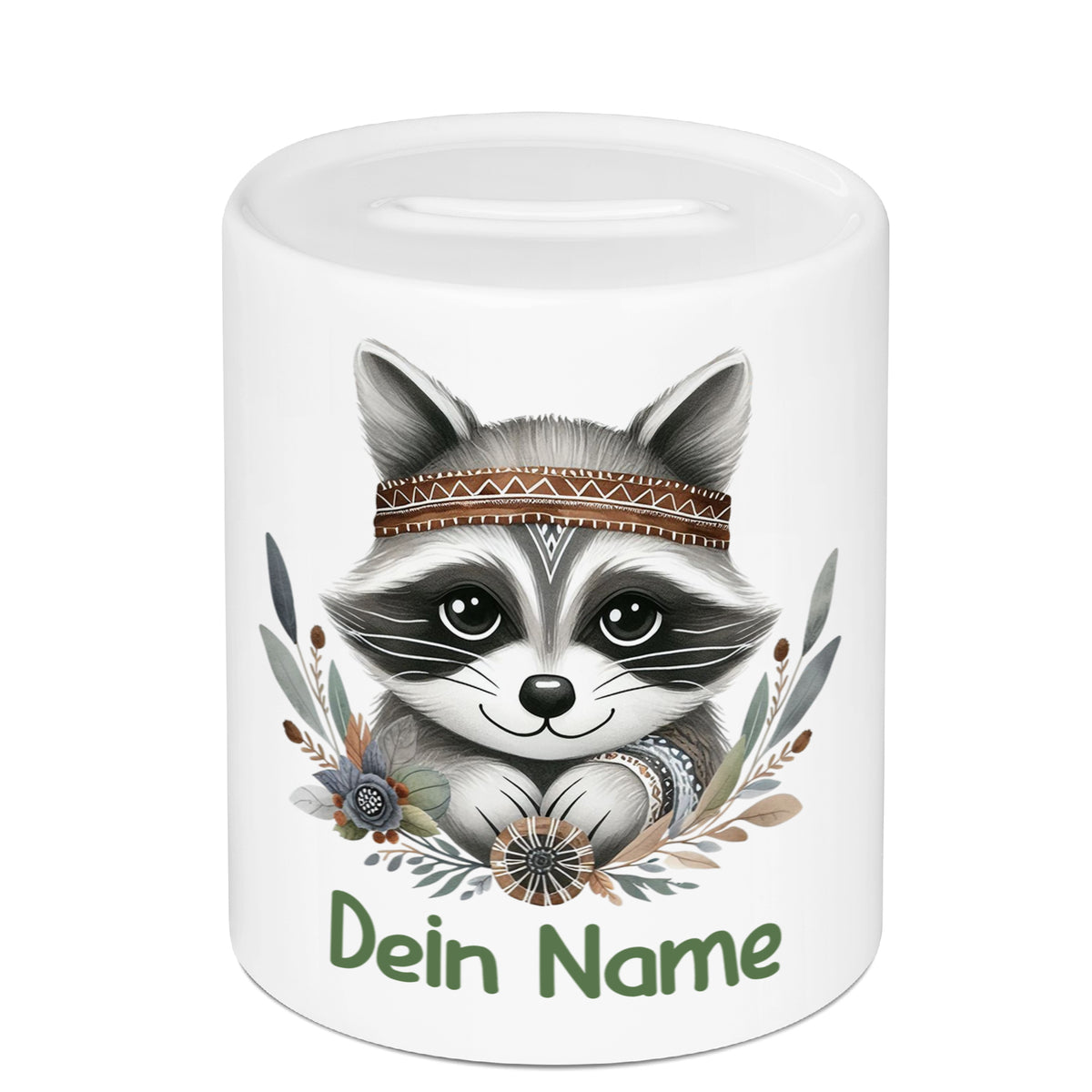 Spardose Waschbär mit Federn