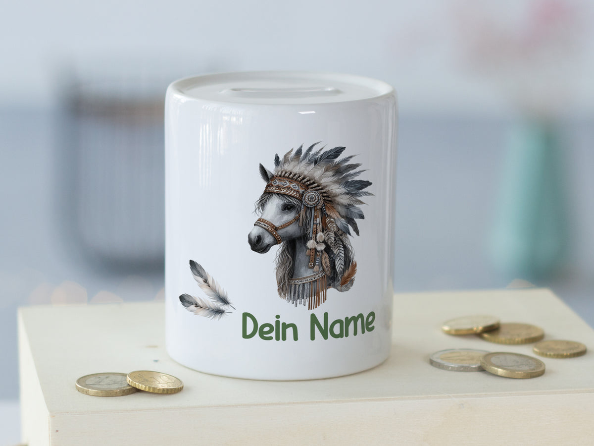 Spardose Pferd mit Federn