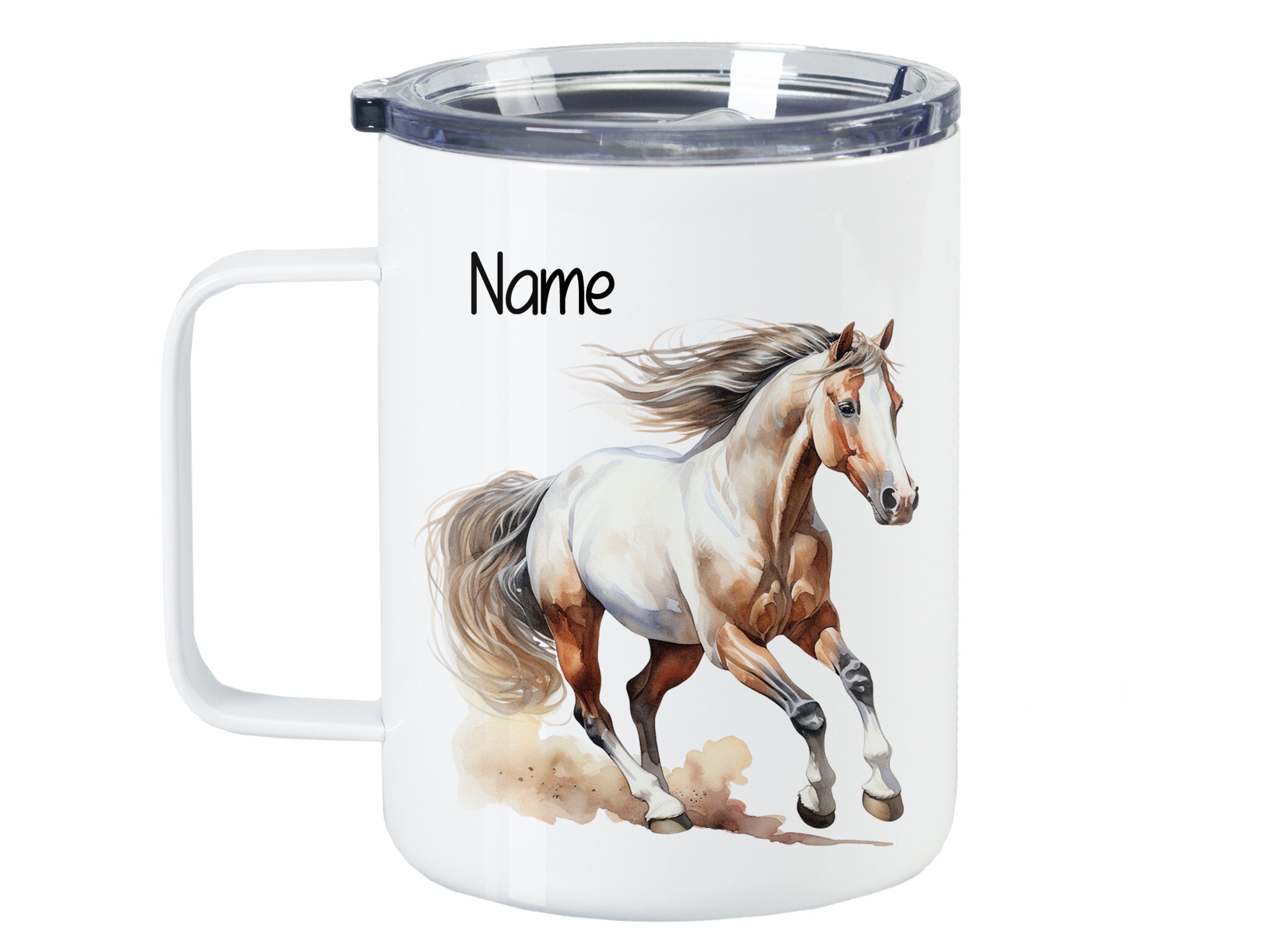 Weißer Becher mit Pferdemotiv und Platz für Namen.