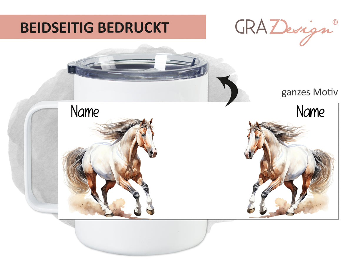 Becher mit beidseitigem Druck, Pferdemotiv in Weiß und Braun.