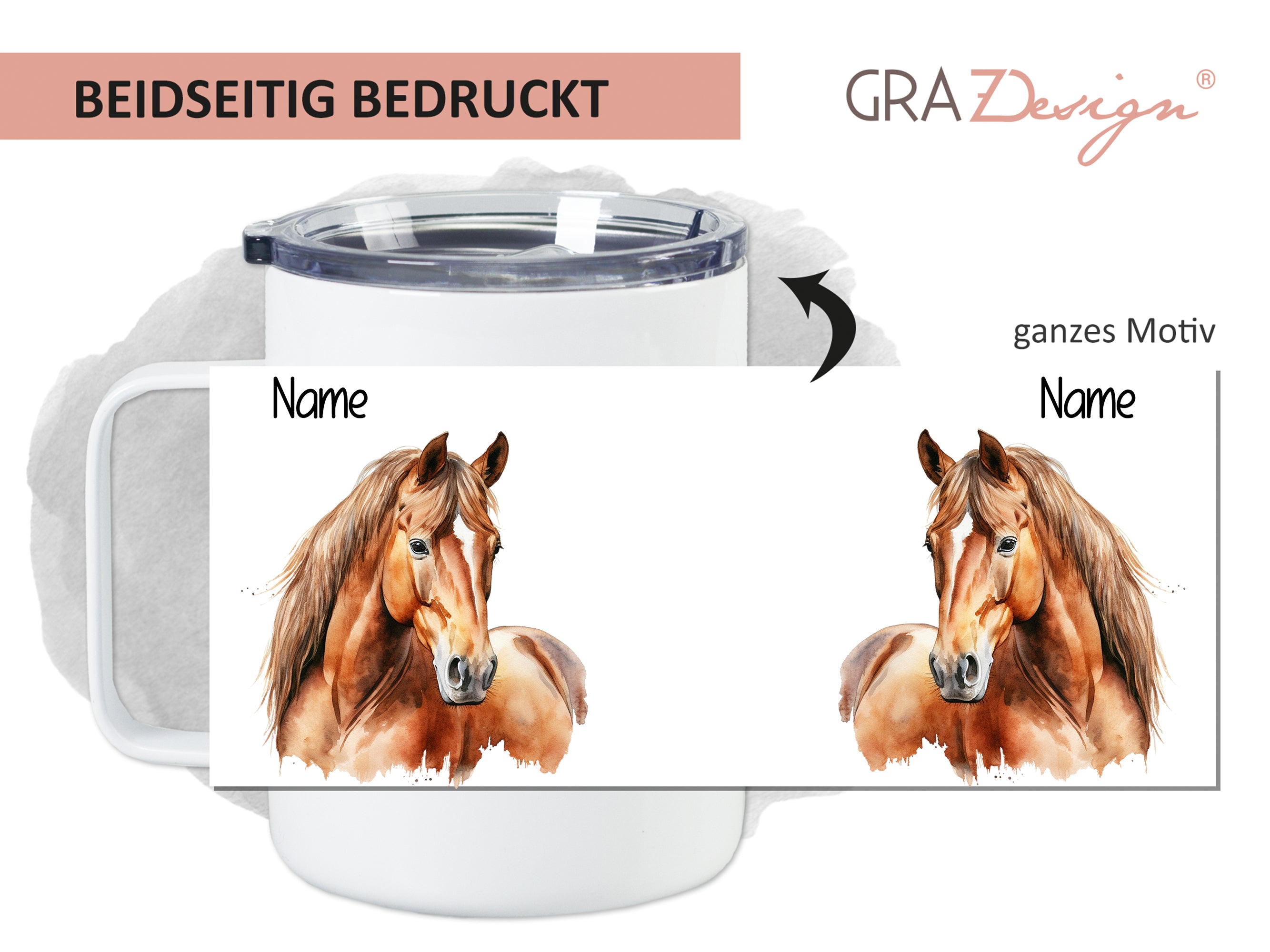 Becher mit beidseitigem Druck, braunes Pferdemotiv.