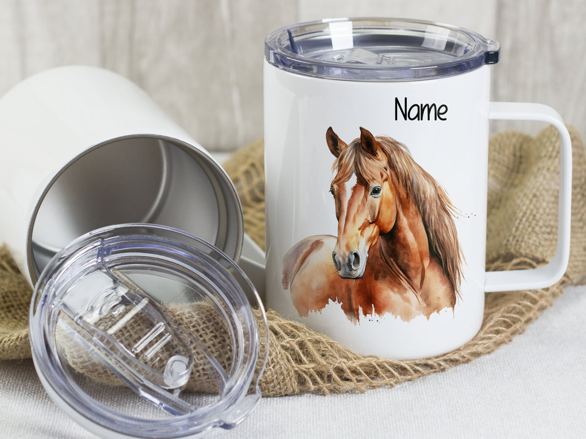 Tasse mit Pferdemotiv, weiß, personalisierbar mit Namen.