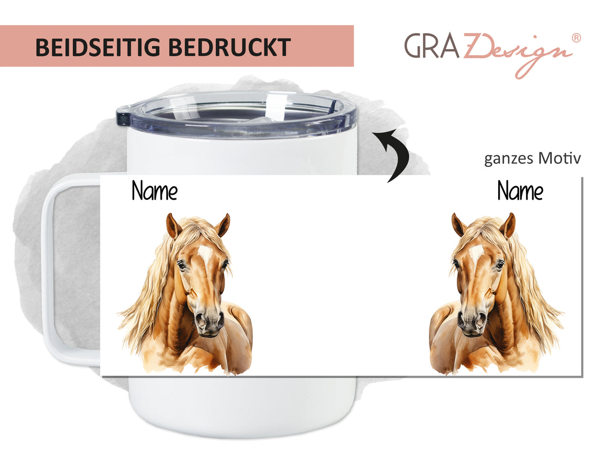 Becher mit beidseitigem Druck, Pferdemotiv, weiß.