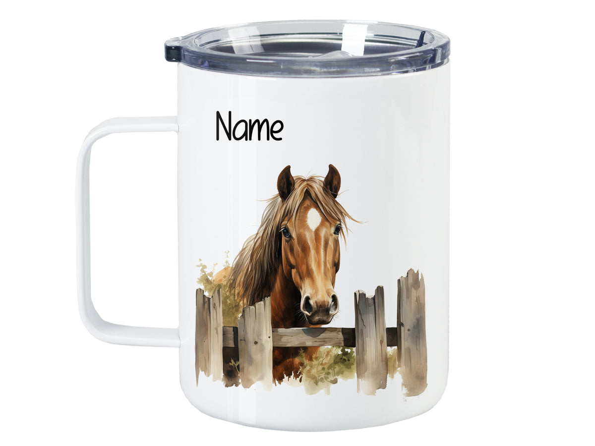 Tasse mit Pferdemotiv, weiß, personalisierbar mit Namen.