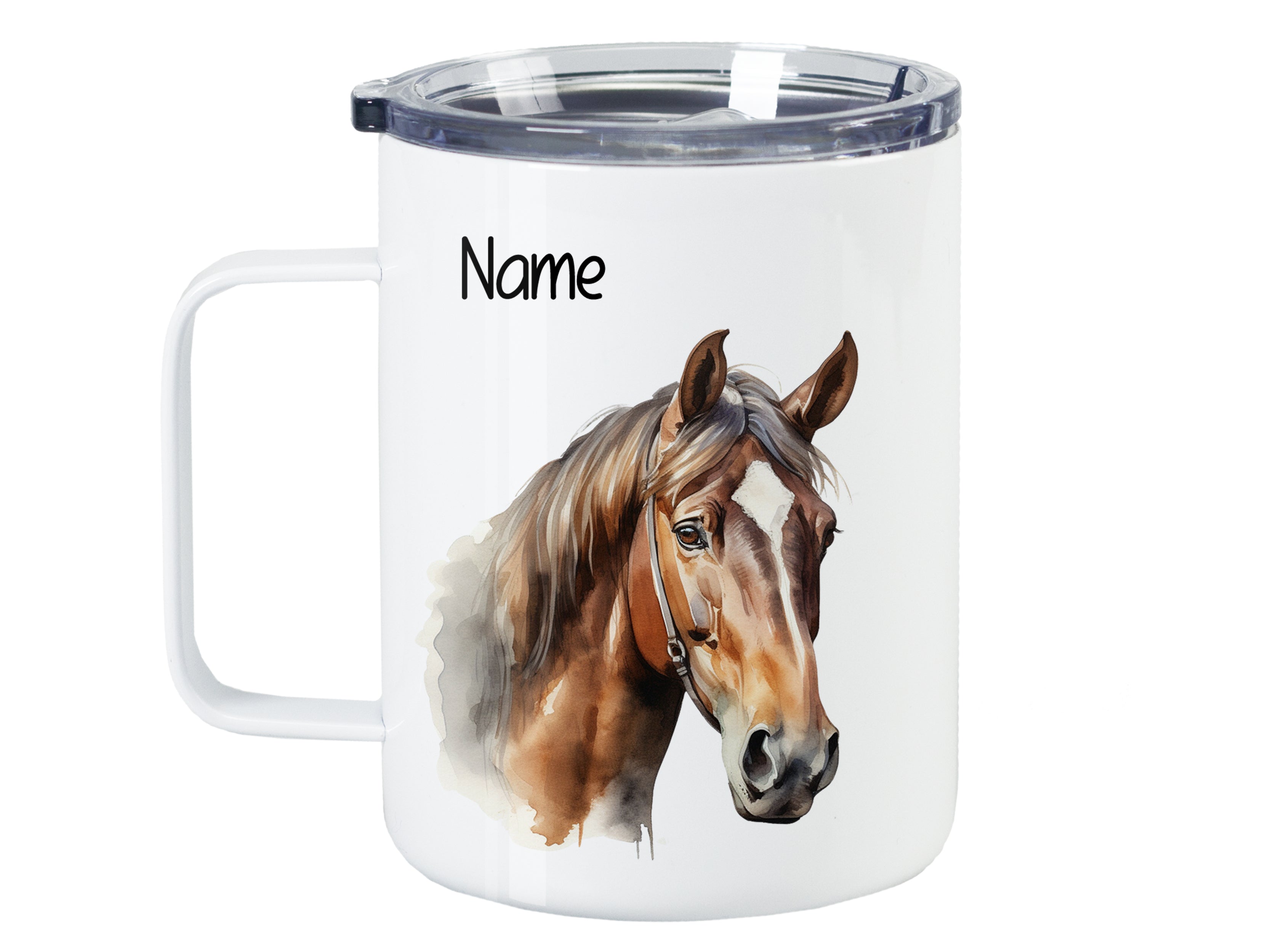 Weißer Becher mit Pferdemotiv und Platz für Namen.