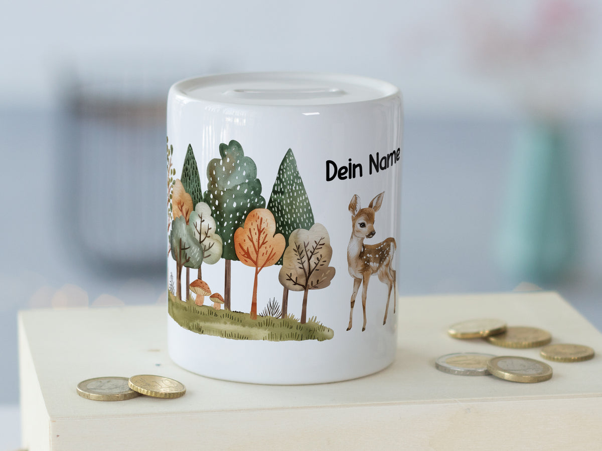 Spardose mit Waldmotiv