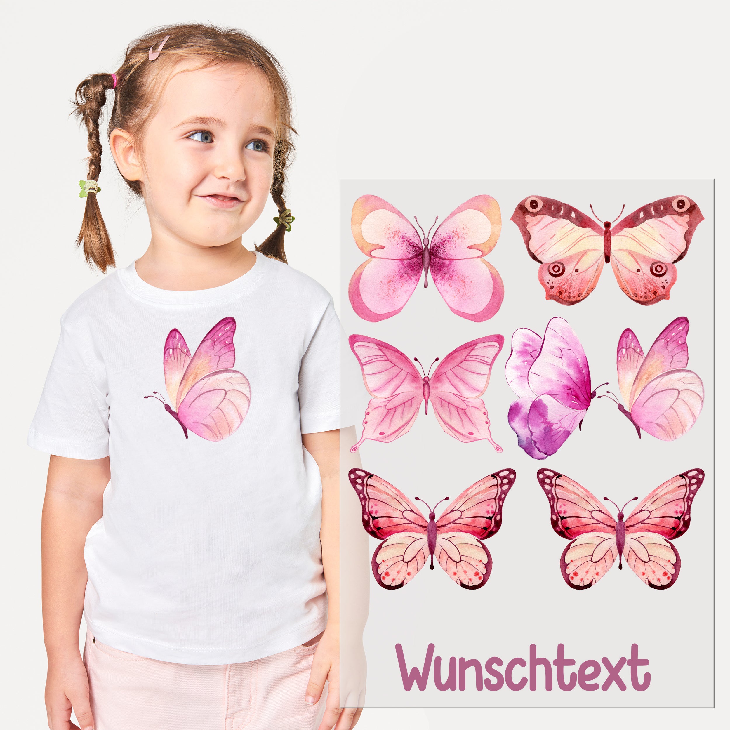 Weißes T-Shirt mit pinken Schmetterlingen und Wunschtext.