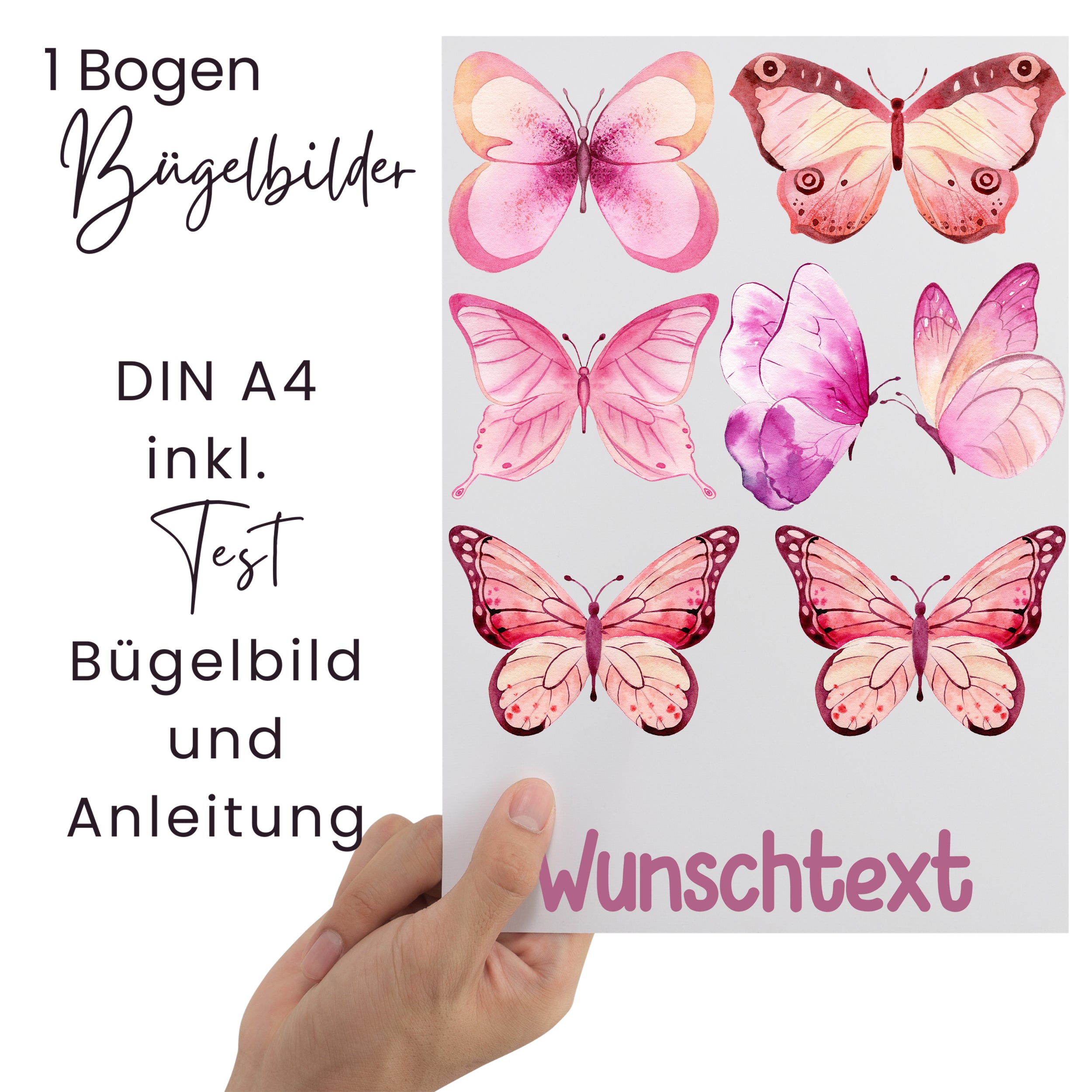 Bügelbilder mit Schmetterlingen in Rosa und Pink, DIN A4.