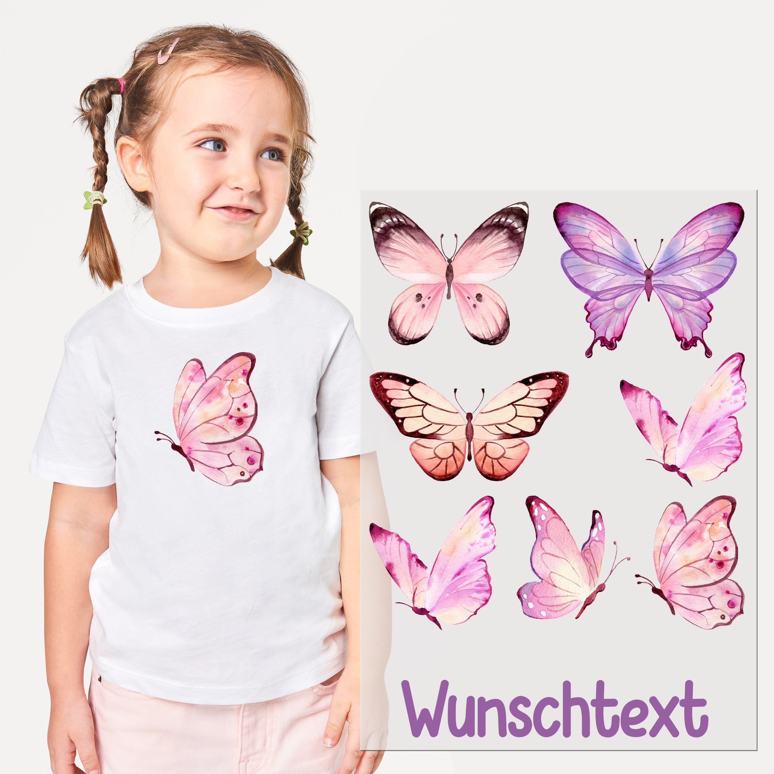 Weißes T-Shirt mit pinken Schmetterlingen und Wunschtext.